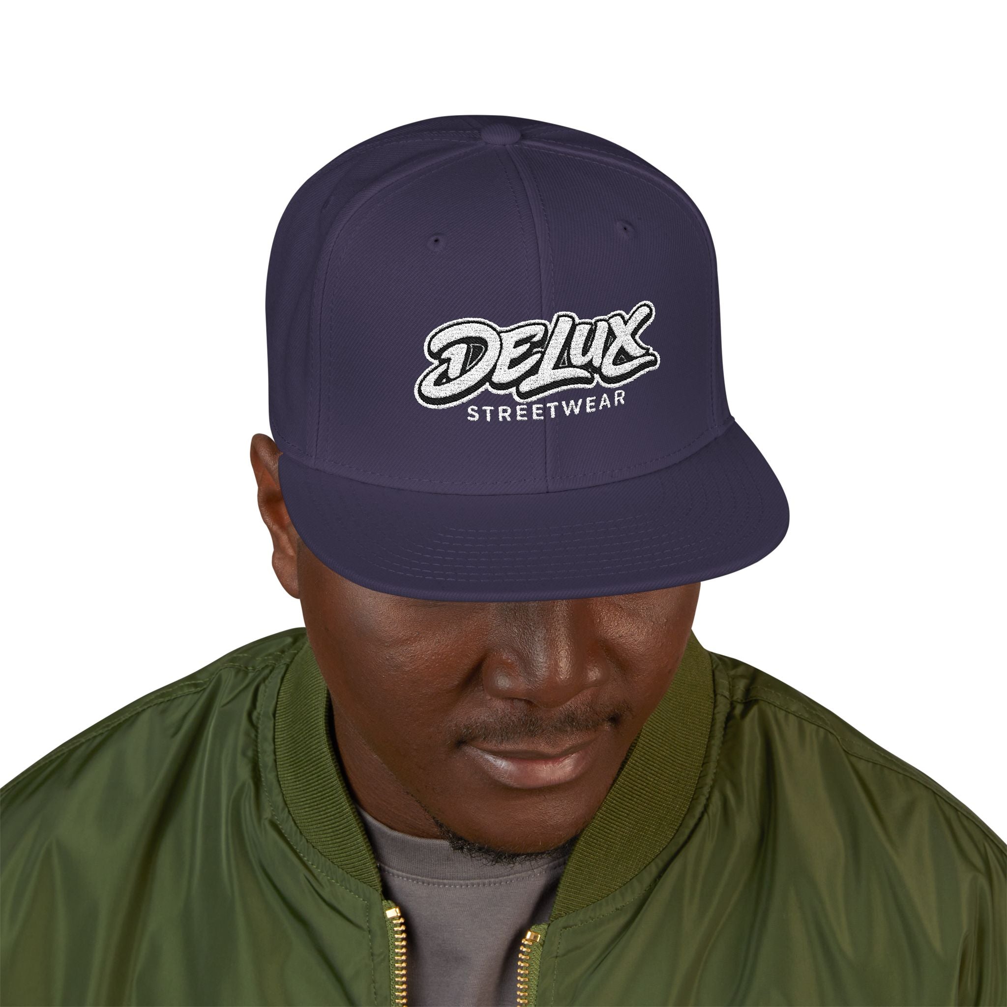 Mens Embroidered 'Delux' Snapback Cap – Streetwear Flat-Brim Hat