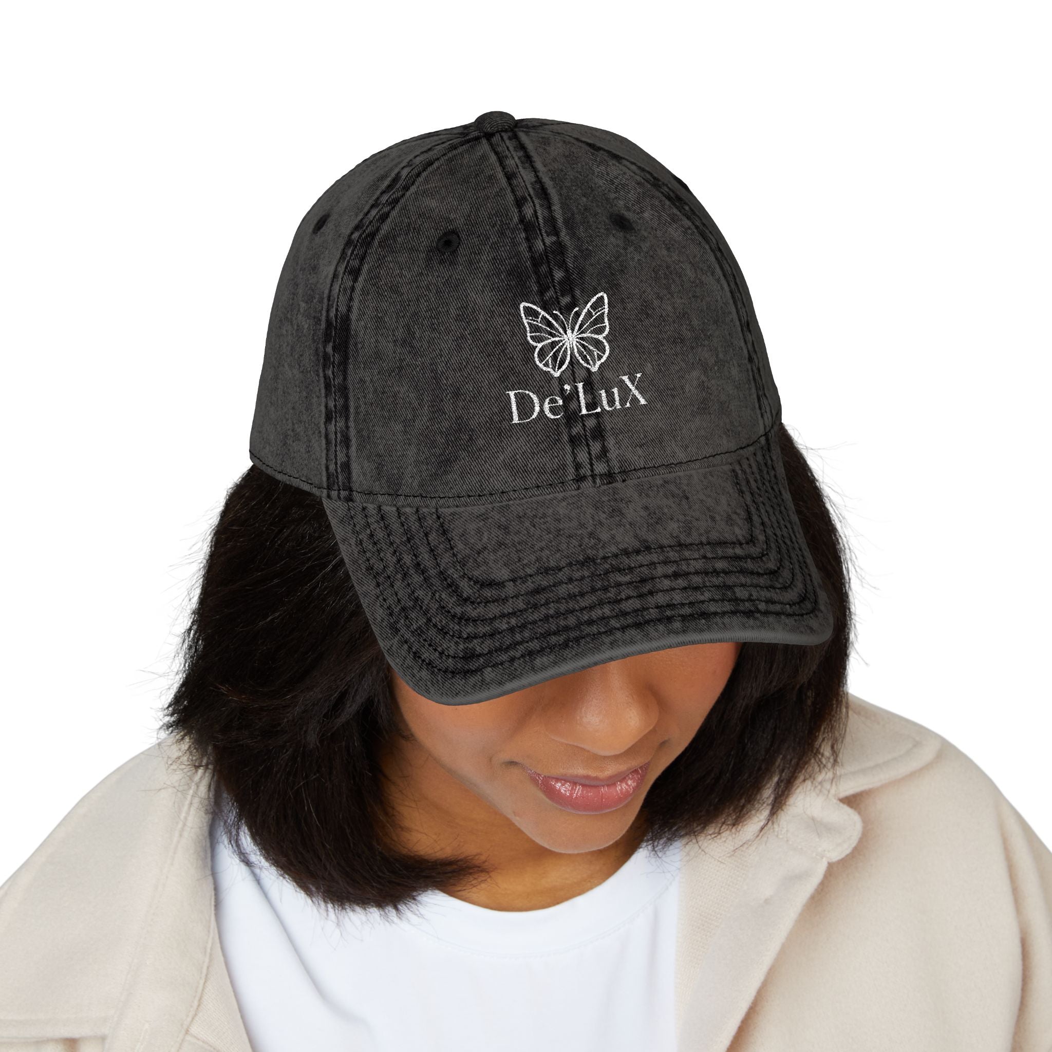 Embroidered Butterfly Vintage Cap — Red Distressed Dad Hat with "DeLuX" Text