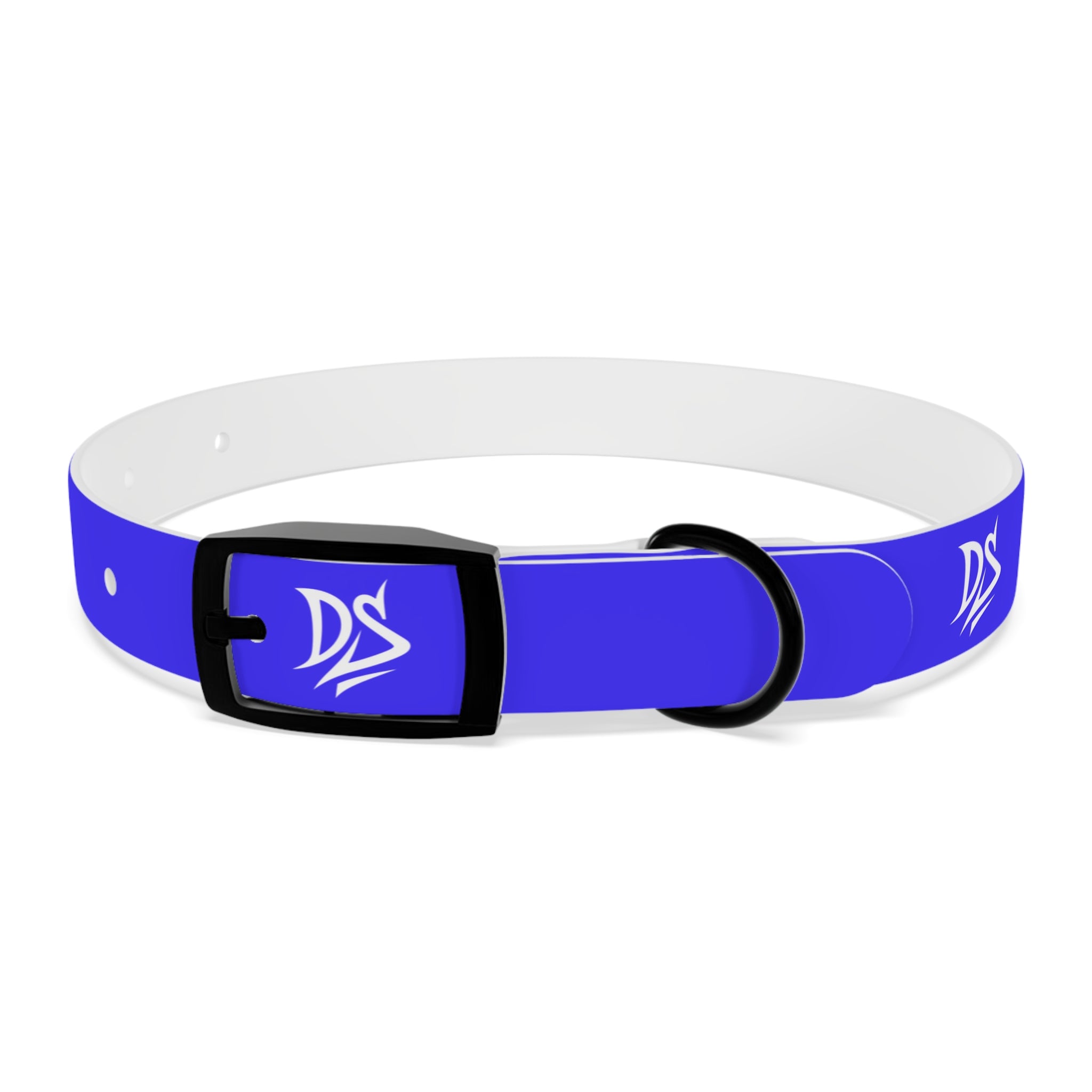 Blue Branded Dog Collar — Adjustable Waterproof Pet Collar with White Logo