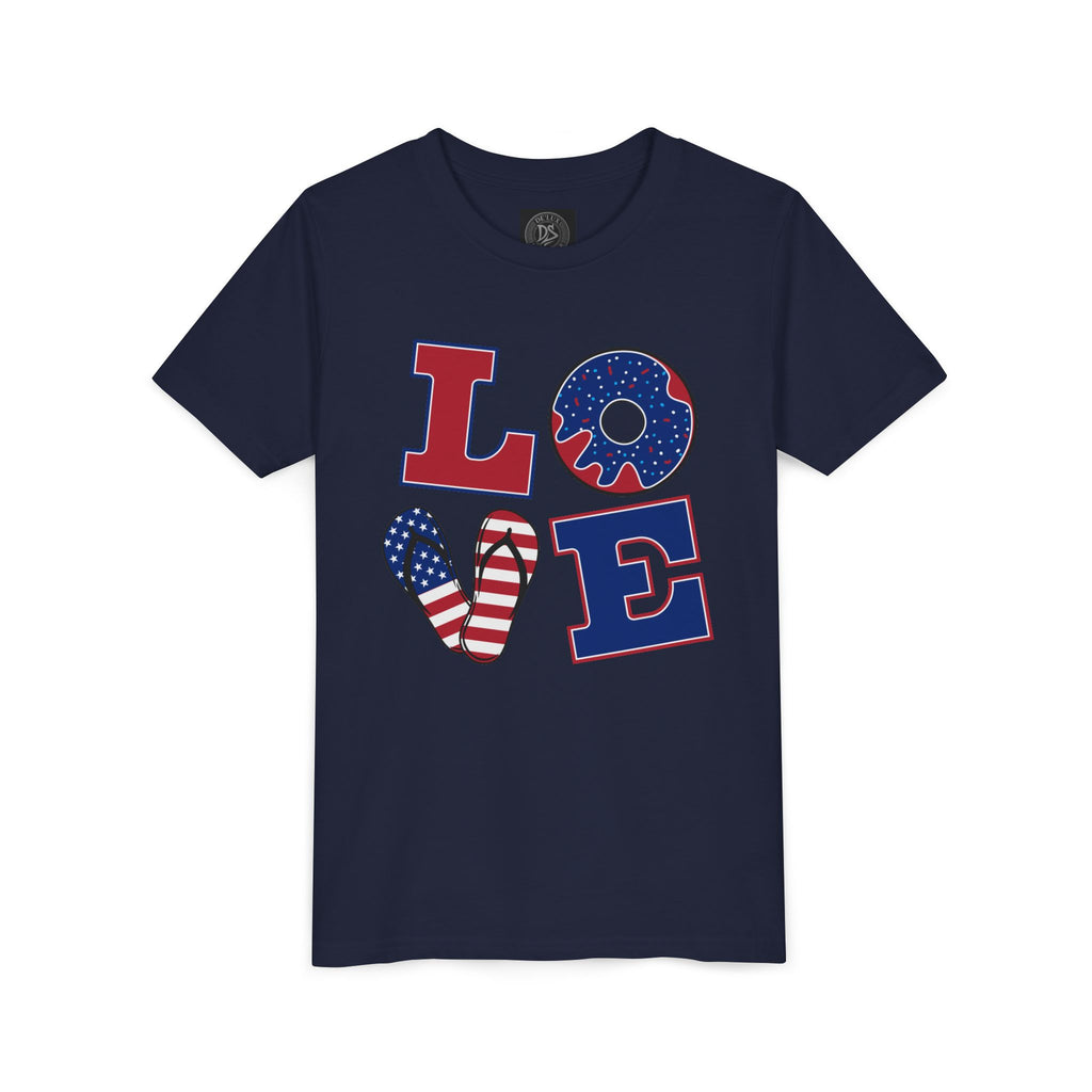 Youth Tee - "LOVE" Patriotic American Flag Design (Fourth of July Kids Shirt)