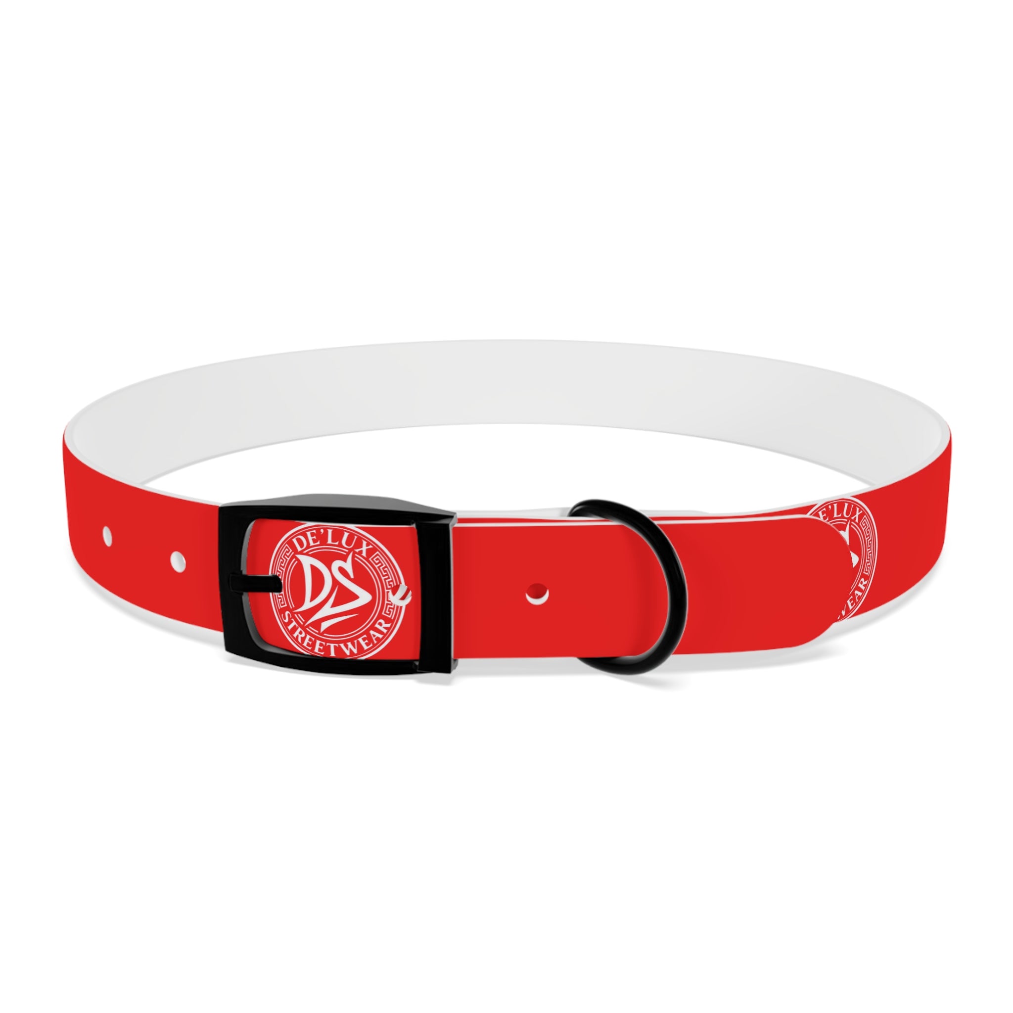 Red Logo Dog Collar — Durable Adjustable Pet Collar with White DS Emblem