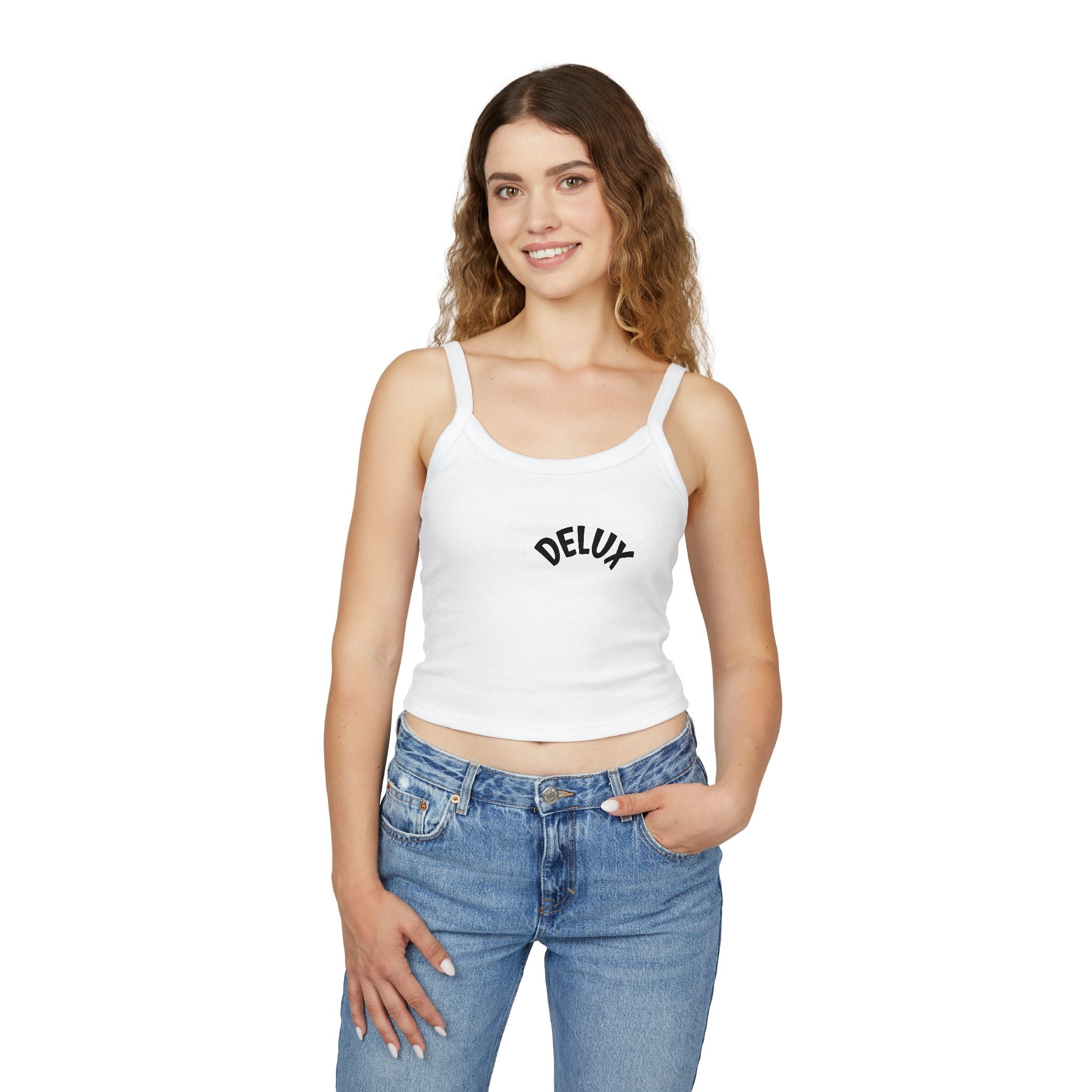 Delux Script Crop Tank Top — Women's White Spaghetti Strap Graphic