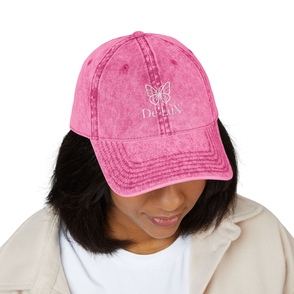 Embroidered Butterfly Vintage Cap — Red Distressed Dad Hat with "DeLuX" Text