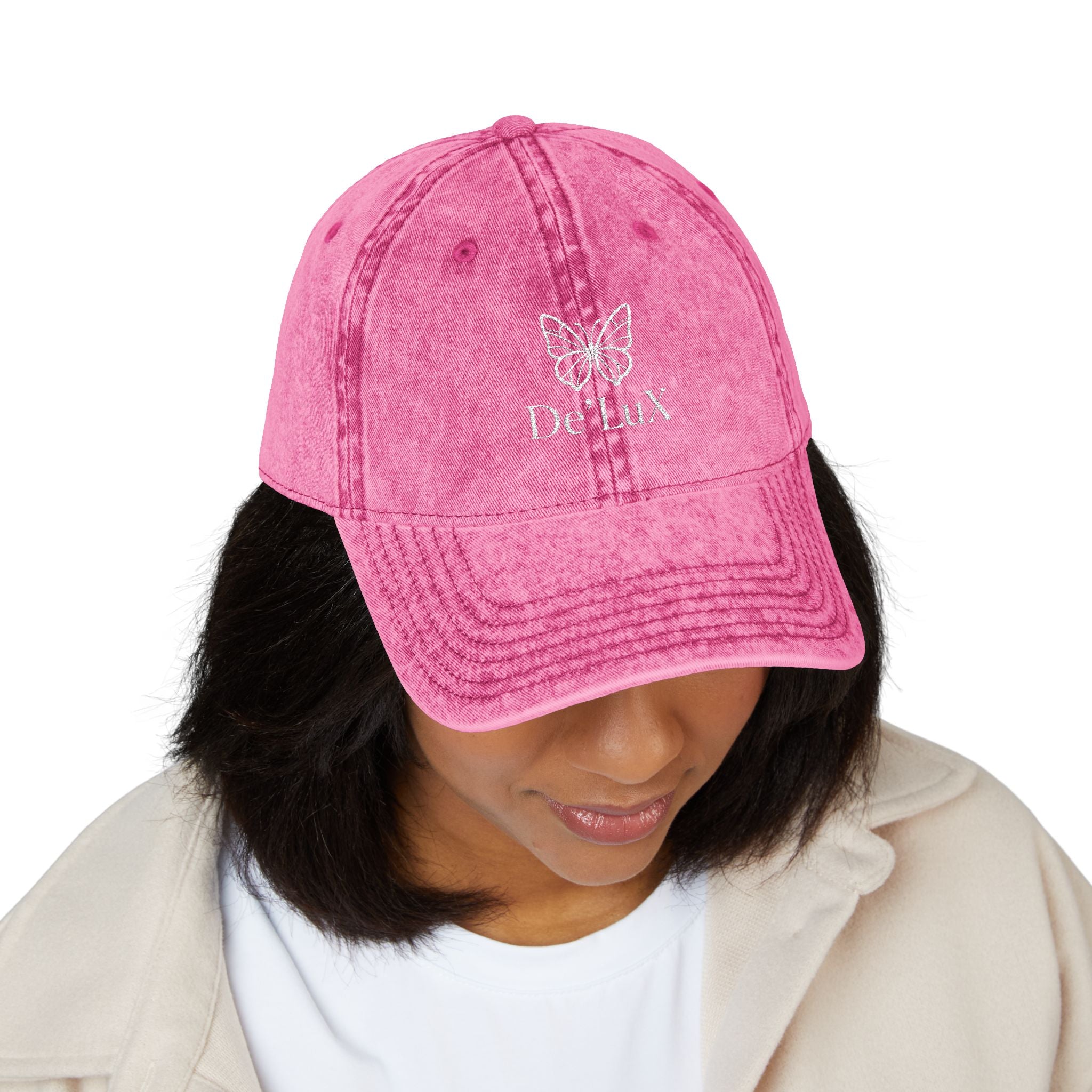 Embroidered Butterfly Vintage Cap — Red Distressed Dad Hat with "DeLuX" Text