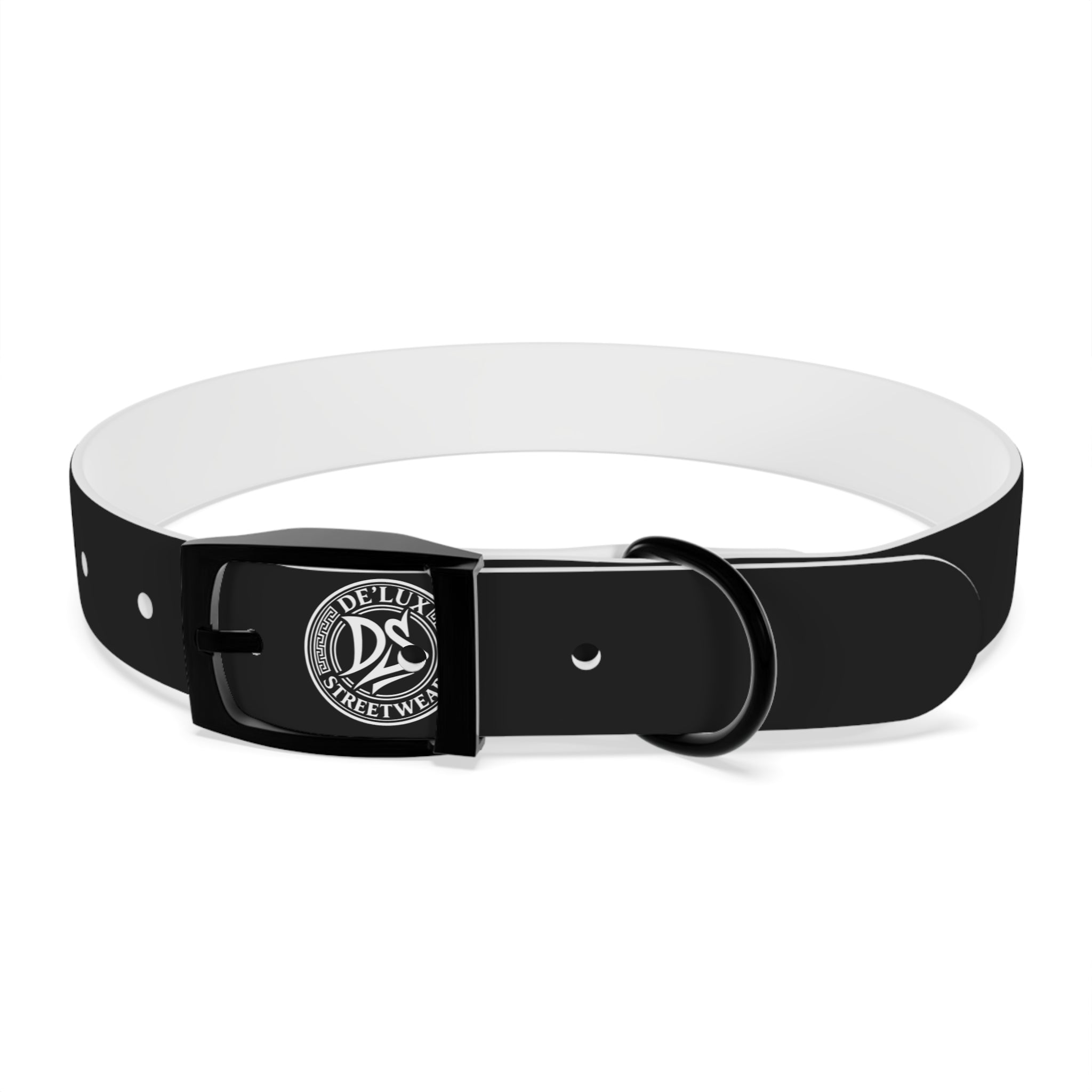 Black Logo Dog Collar — Durable Faux Leather Collar with Round Emblem