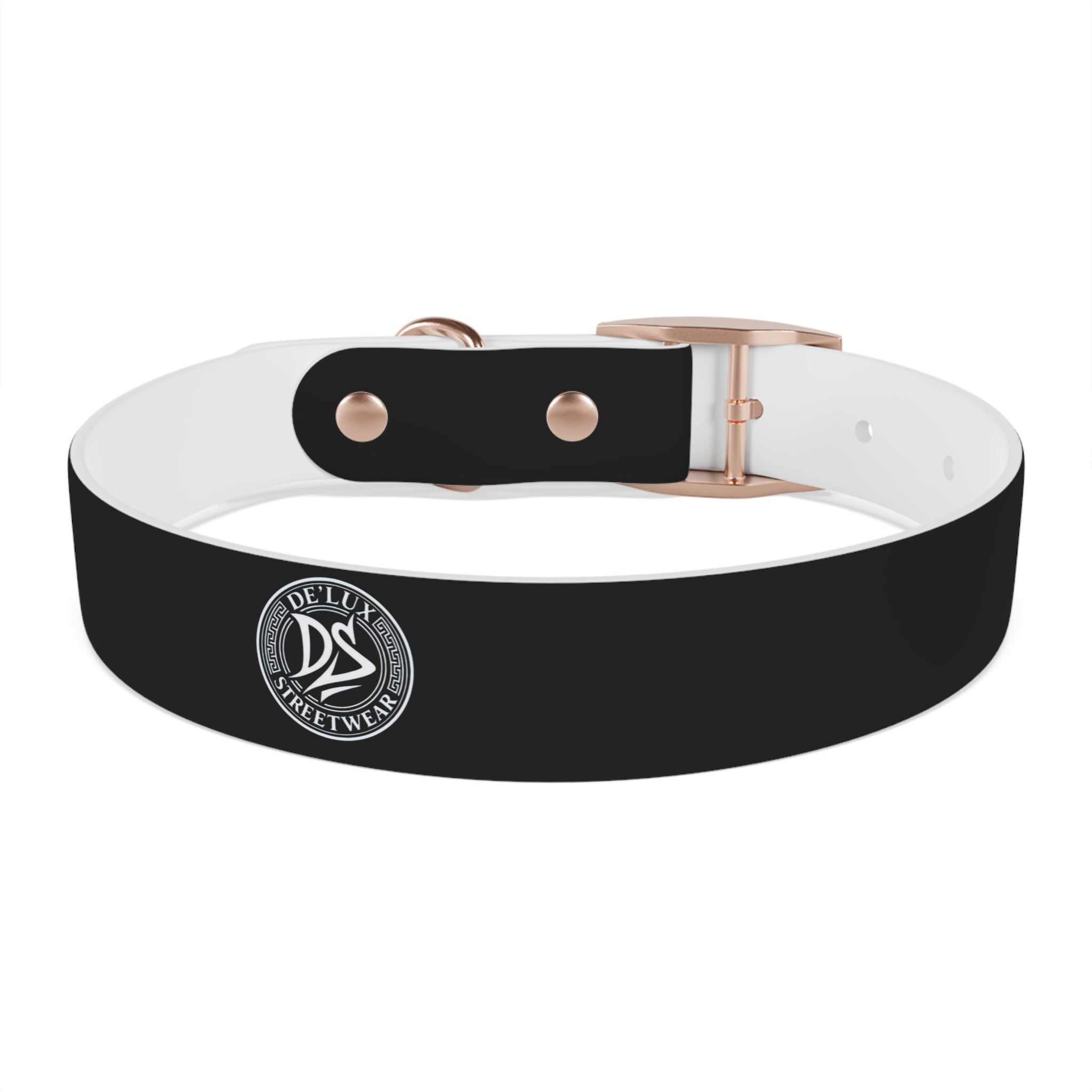 Black Logo Dog Collar — Durable Faux Leather Collar with Round Emblem