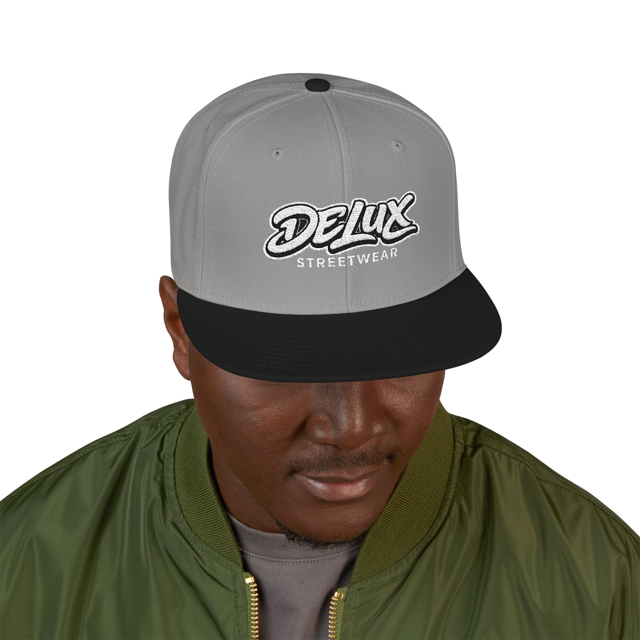 Mens Embroidered 'Delux' Snapback Cap – Streetwear Flat-Brim Hat