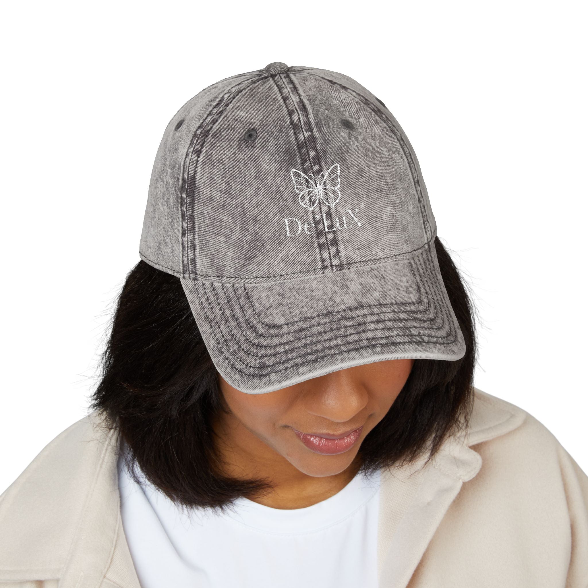 Embroidered Butterfly Vintage Cap — Red Distressed Dad Hat with "DeLuX" Text