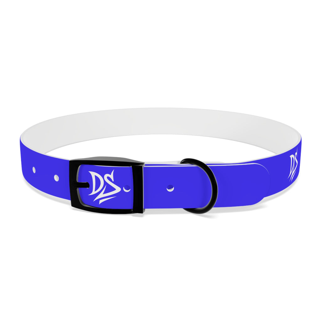 Blue Branded Dog Collar — Adjustable Waterproof Pet Collar with White Logo