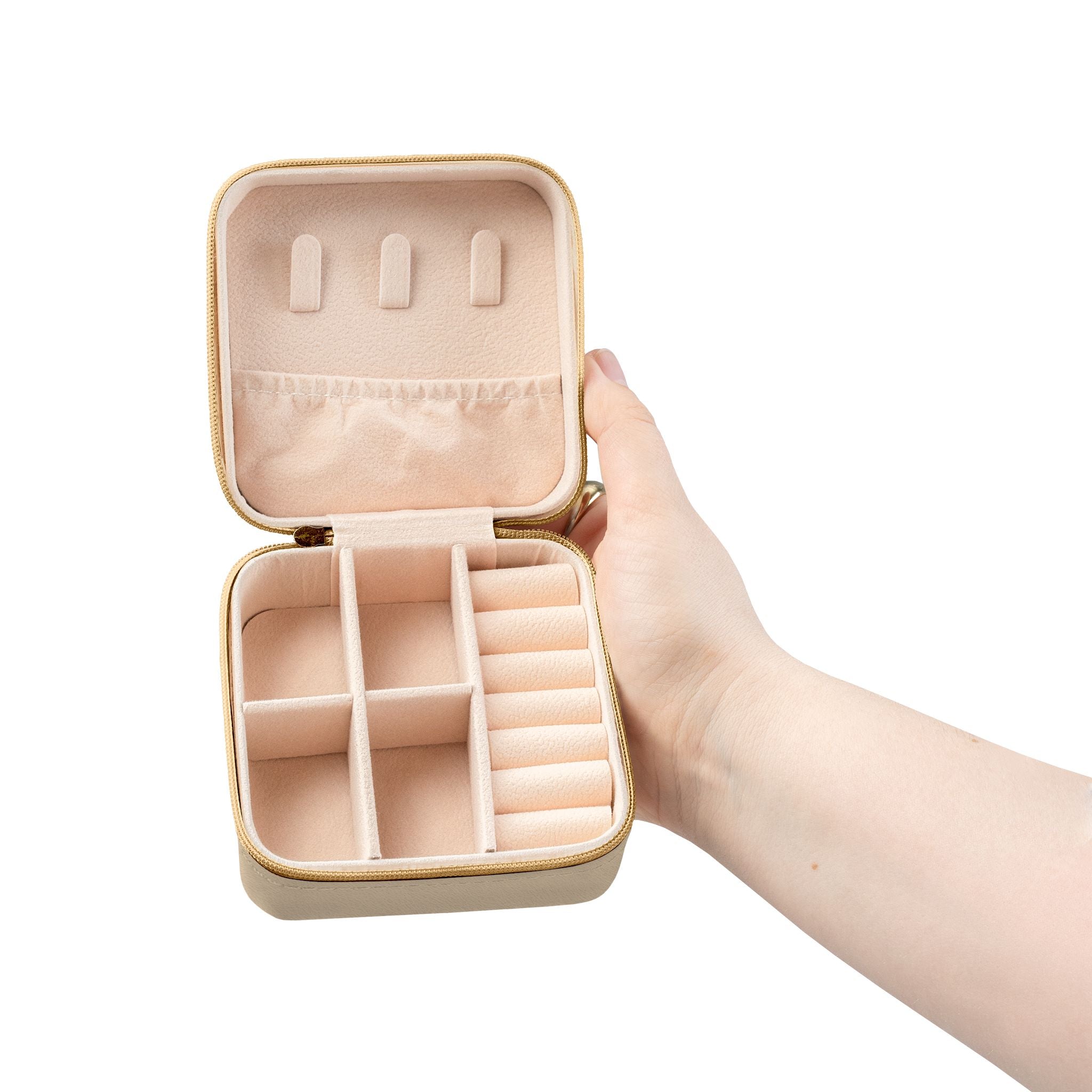 Travel Jewelry Case — Compact Pink Jewelry Organizer with Ring Slots & Compartments