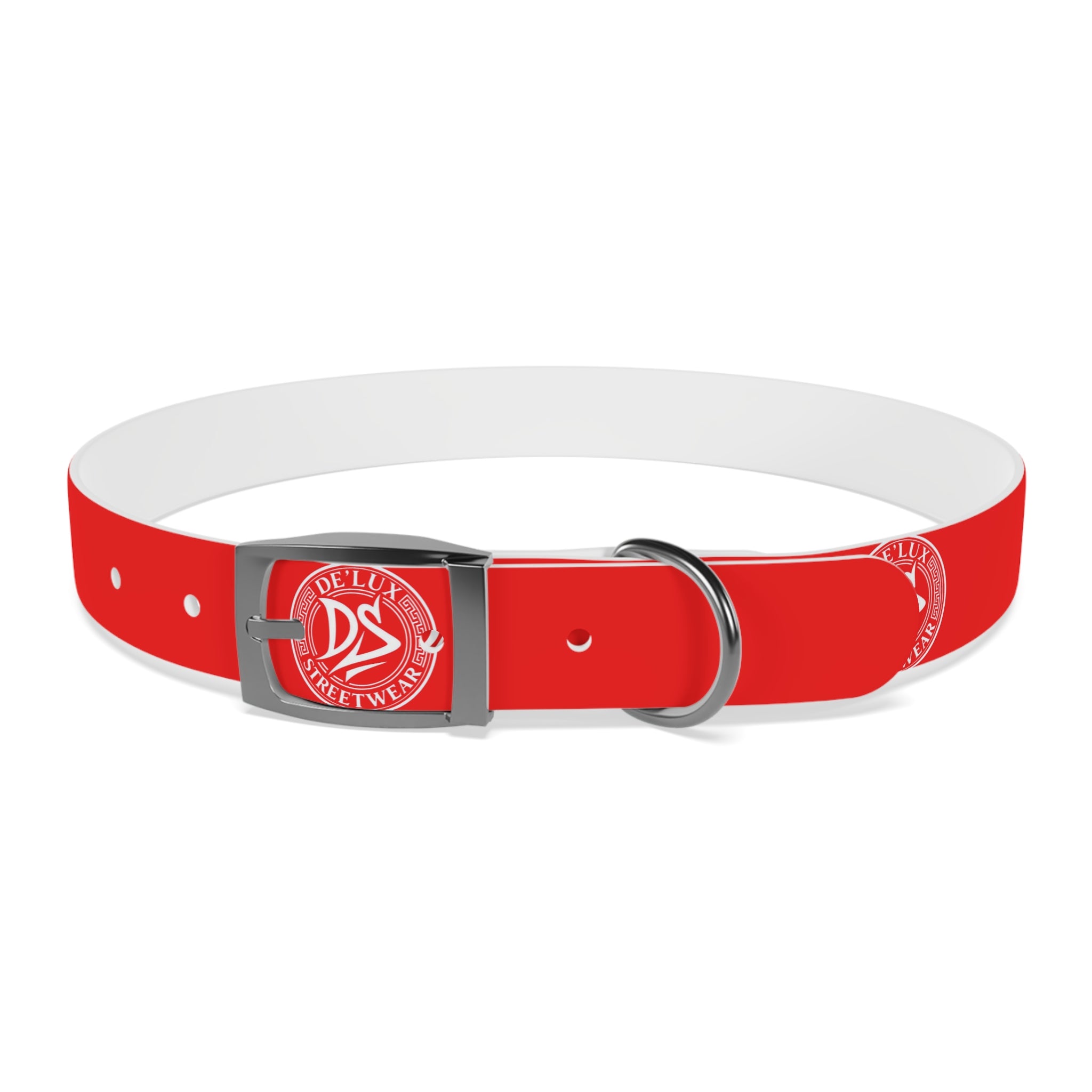 Red Logo Dog Collar — Durable Adjustable Pet Collar with White DS Emblem