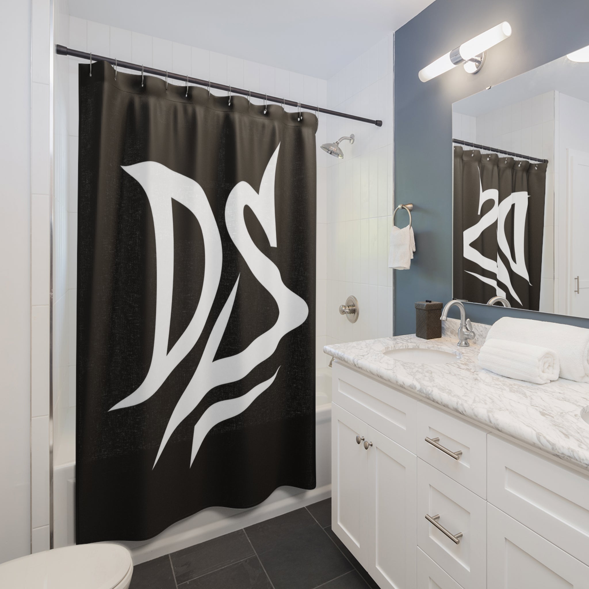 DS Monogram Shower Curtain — Modern Black & White Bath Décor