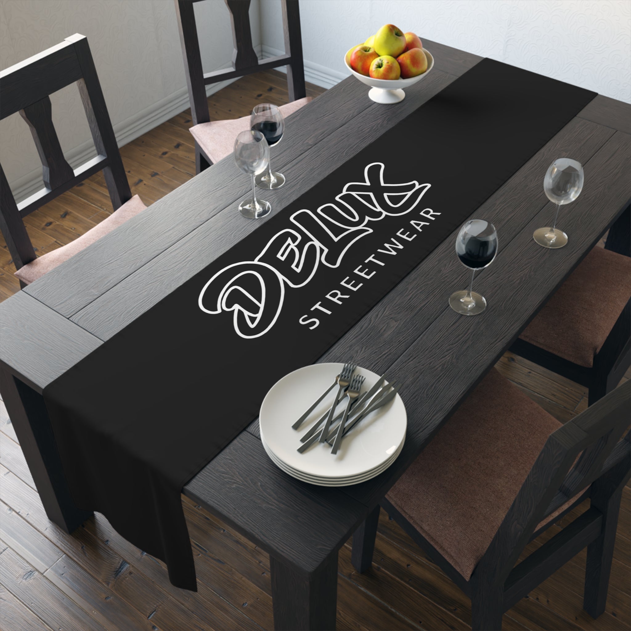 Delux Streetwear Black Logo Table Runner — Modern Minimalist Dining Decor