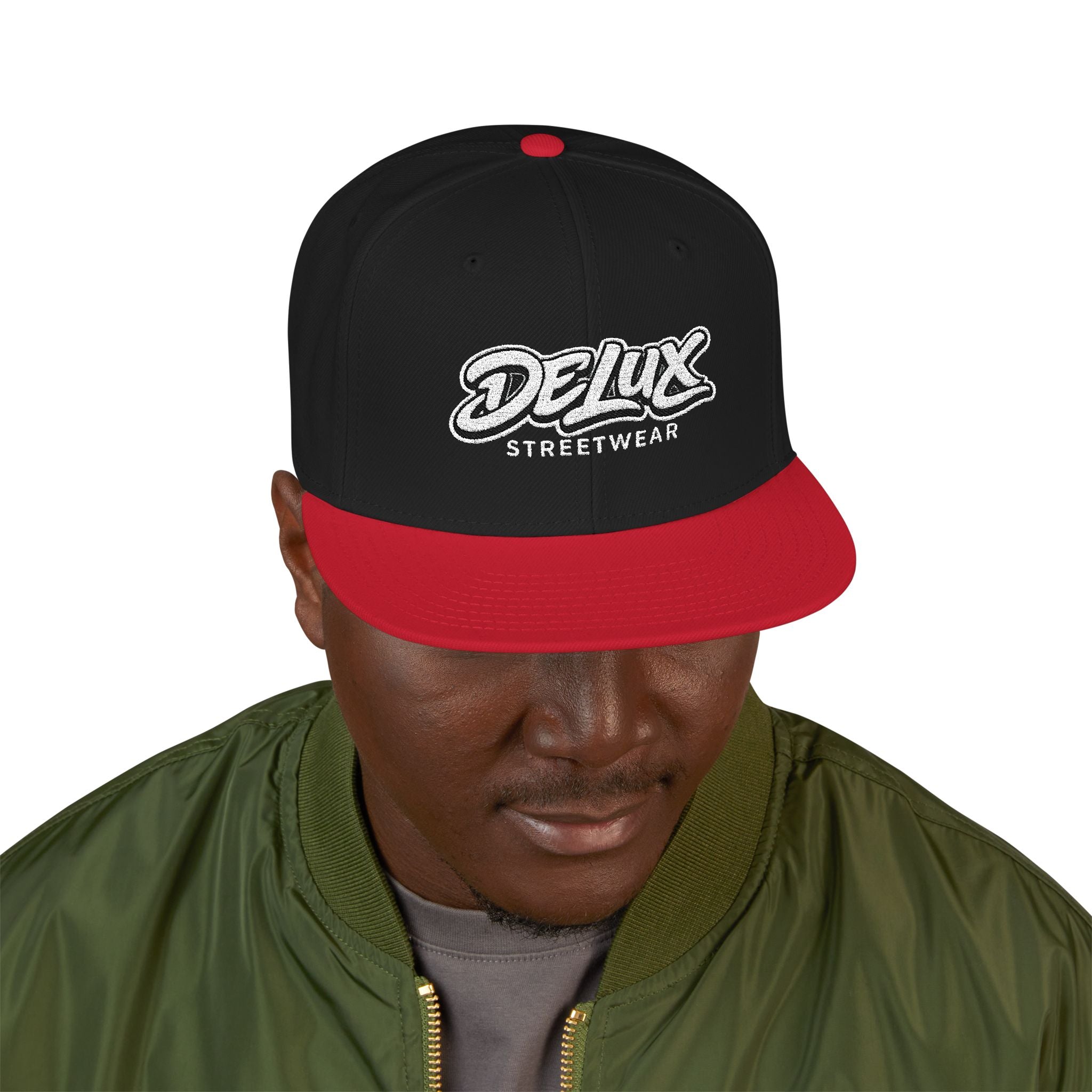 Mens Embroidered 'Delux' Snapback Cap – Streetwear Flat-Brim Hat