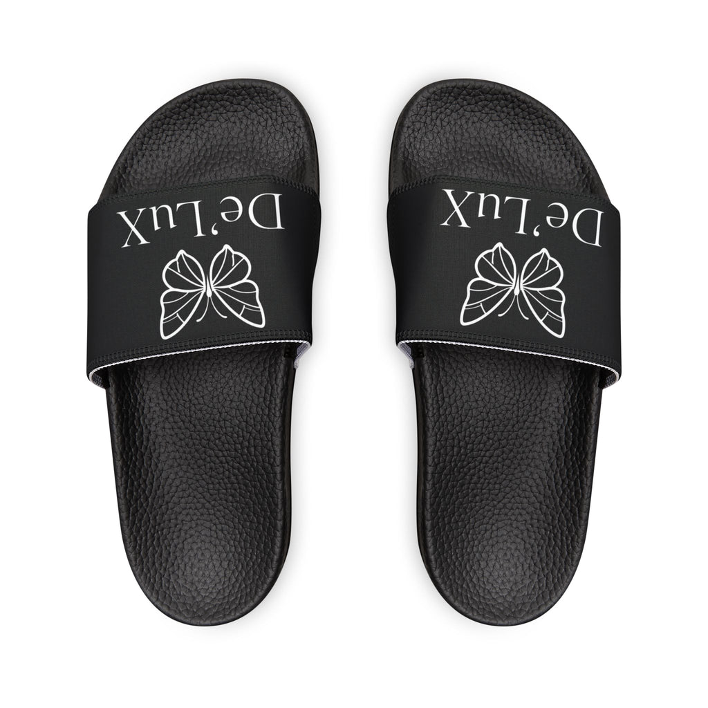 Women's Slide Sandals — Black Removable-Strap Slides with 'DeLux' Text & Bow Graphic