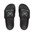 Women's Slide Sandals — Black Removable-Strap Slides with 'DeLux' Text & Bow Graphic