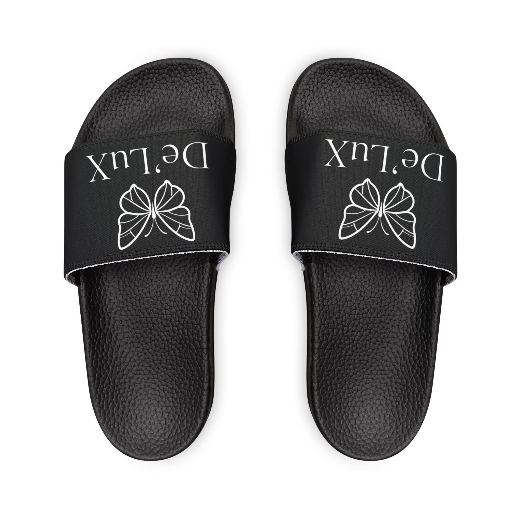 Women's Slide Sandals — Black Removable-Strap Slides with 'DeLux' Text & Bow Graphic