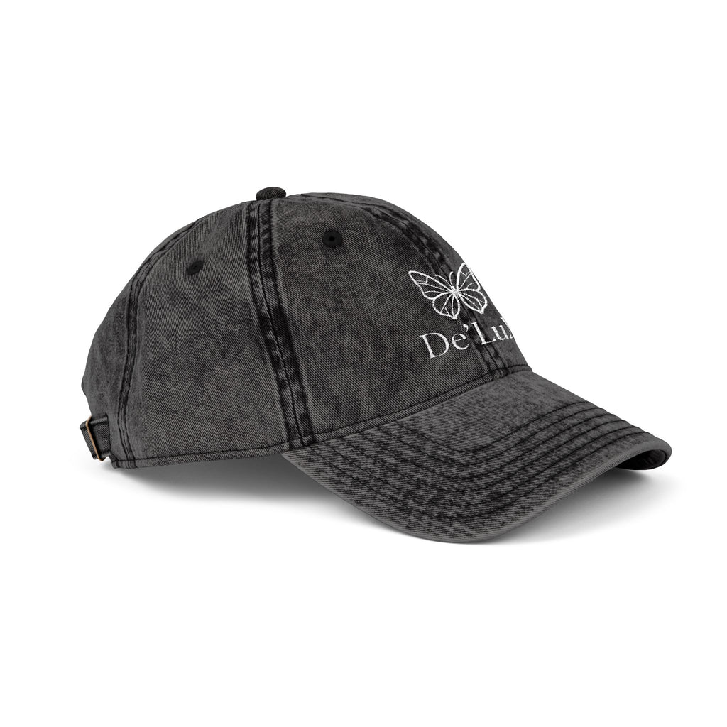 Embroidered Butterfly Vintage Cap — Red Distressed Dad Hat with "DeLuX" Text