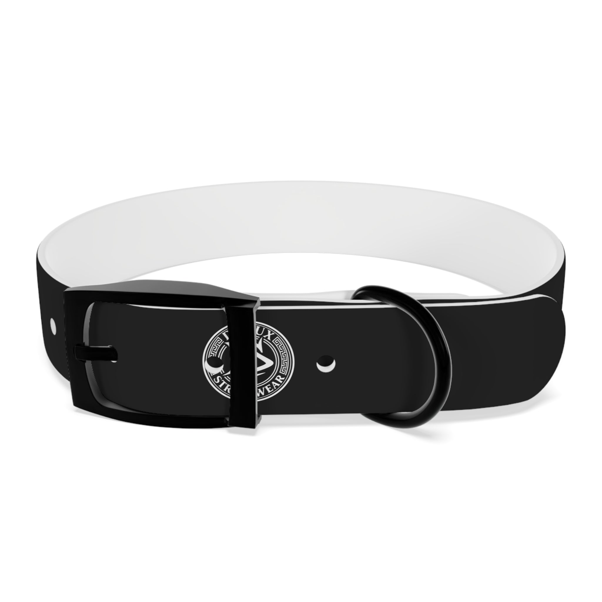 Black Logo Dog Collar — Durable Faux Leather Collar with Round Emblem