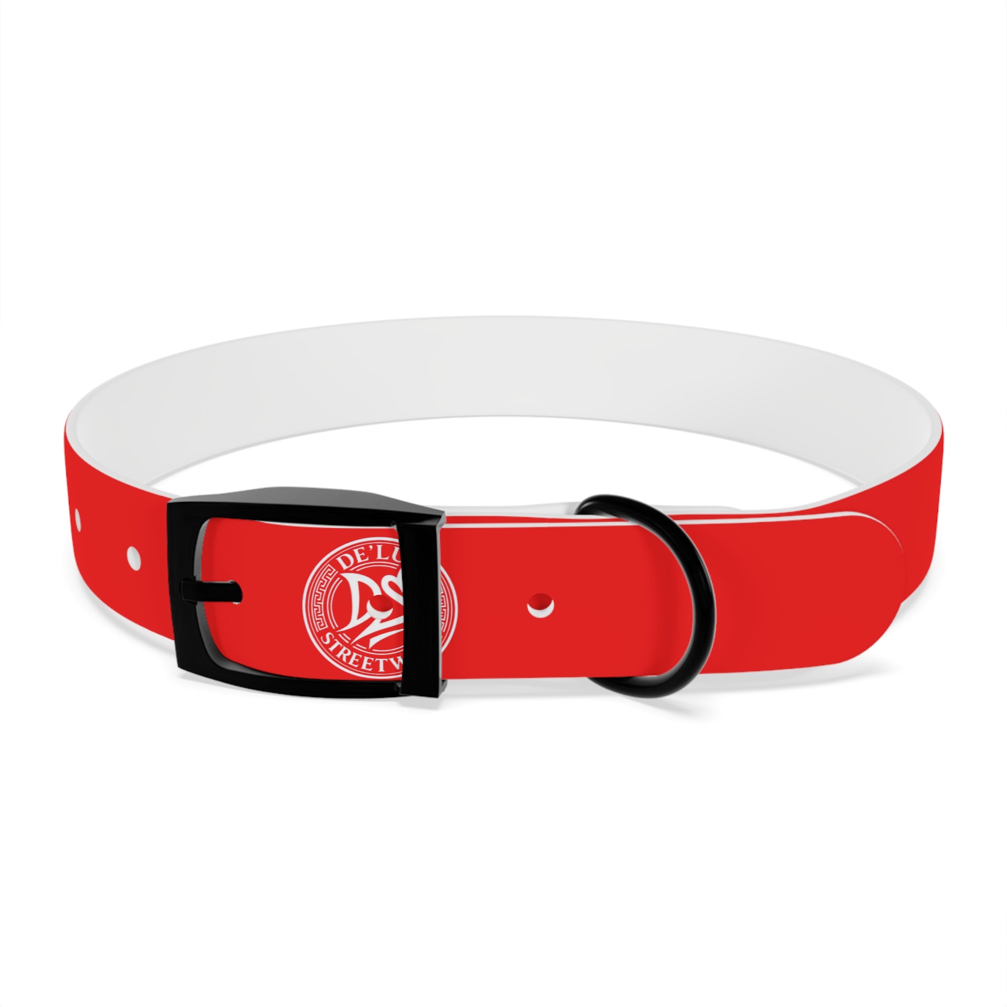 Red Logo Dog Collar — Durable Adjustable Pet Collar with White DS Emblem