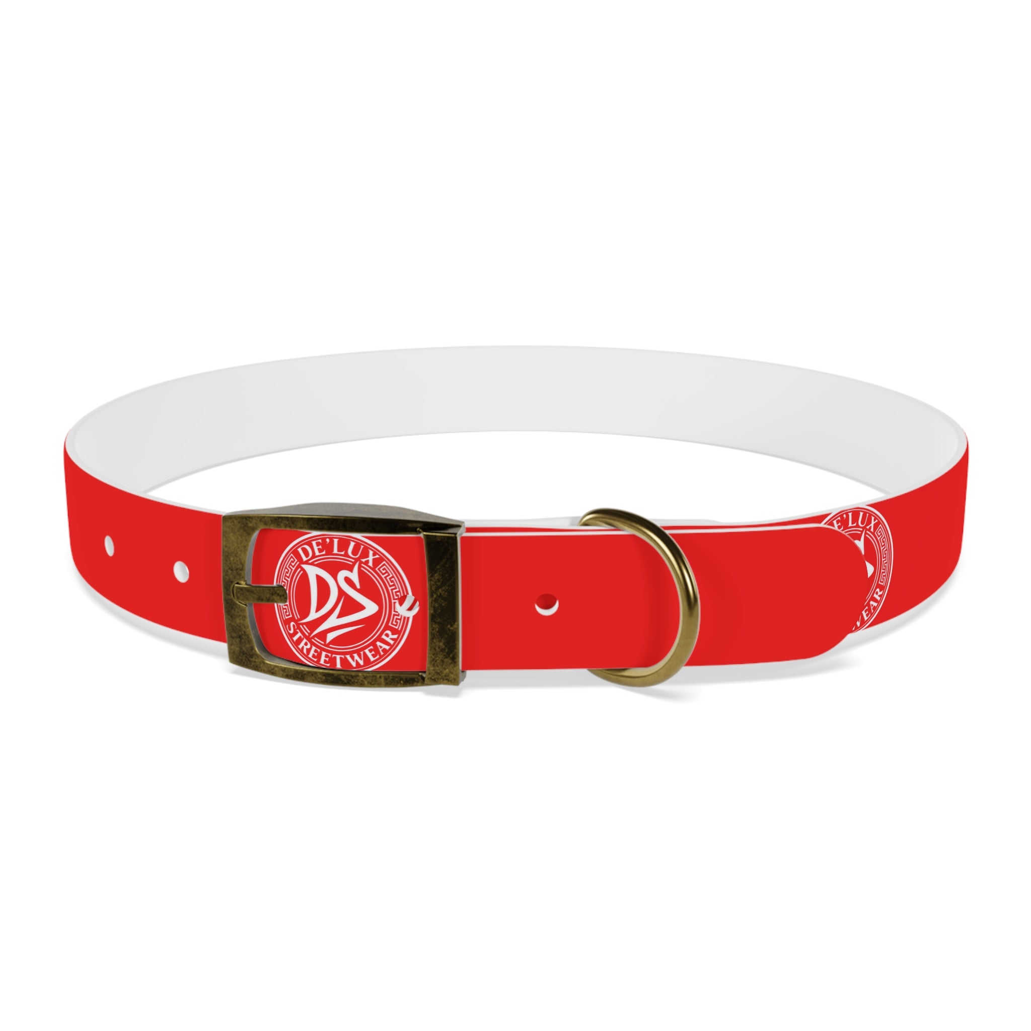 Red Logo Dog Collar — Durable Adjustable Pet Collar with White DS Emblem