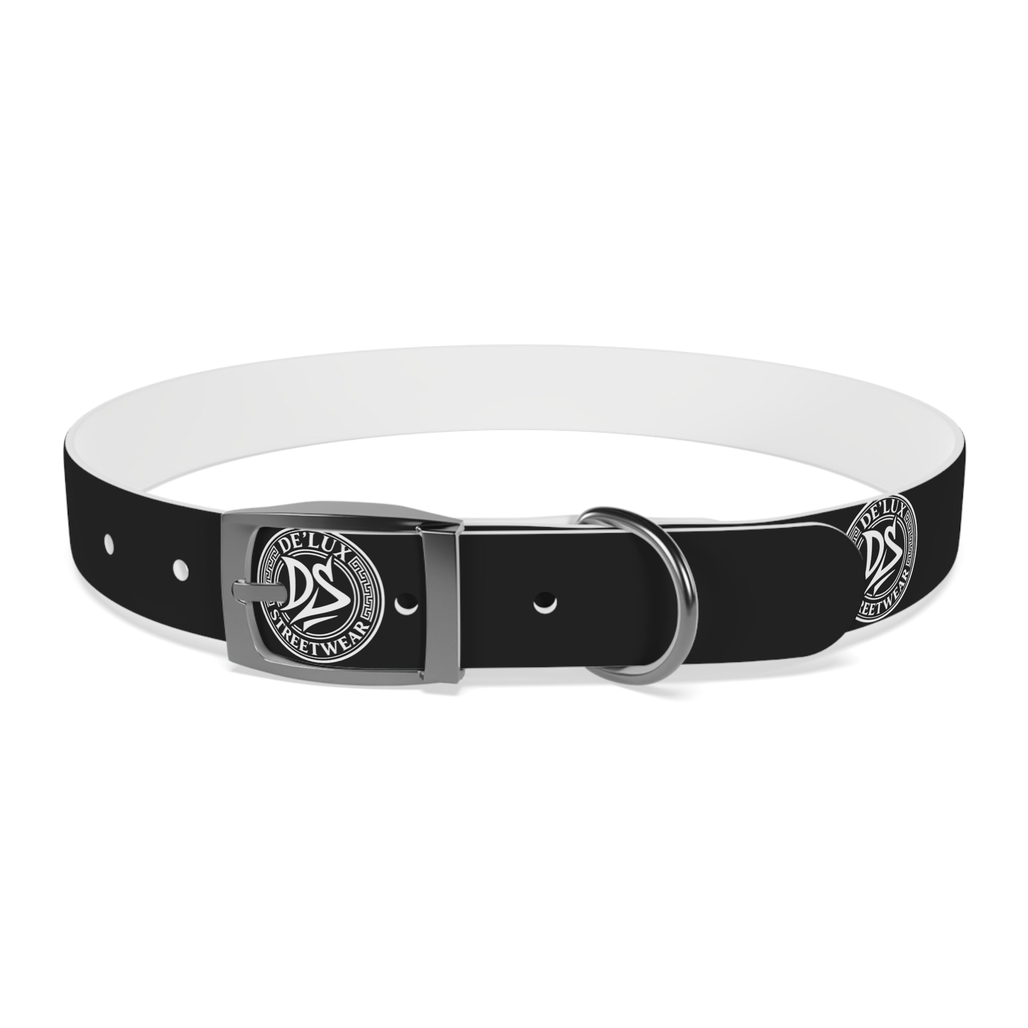 Black Logo Dog Collar — Durable Faux Leather Collar with Round Emblem