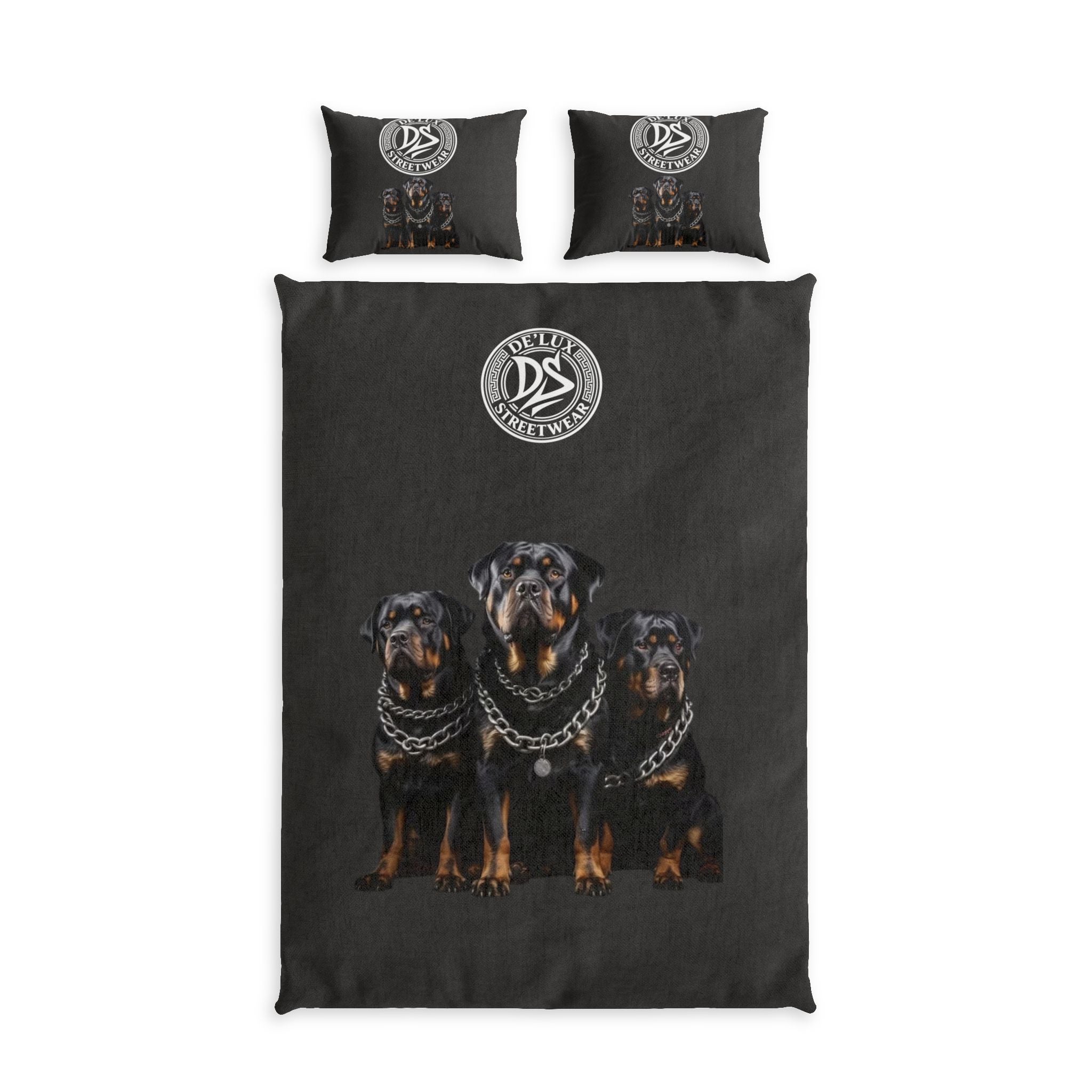 Rottweiler Trio Cotton Bed Set – Dark Dog Print Duvet & Pillowcases