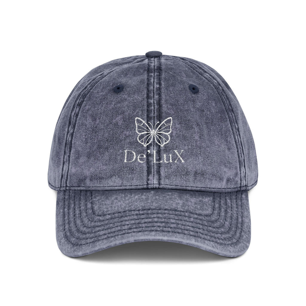 Embroidered Butterfly Vintage Cap — Red Distressed Dad Hat with "DeLuX" Text