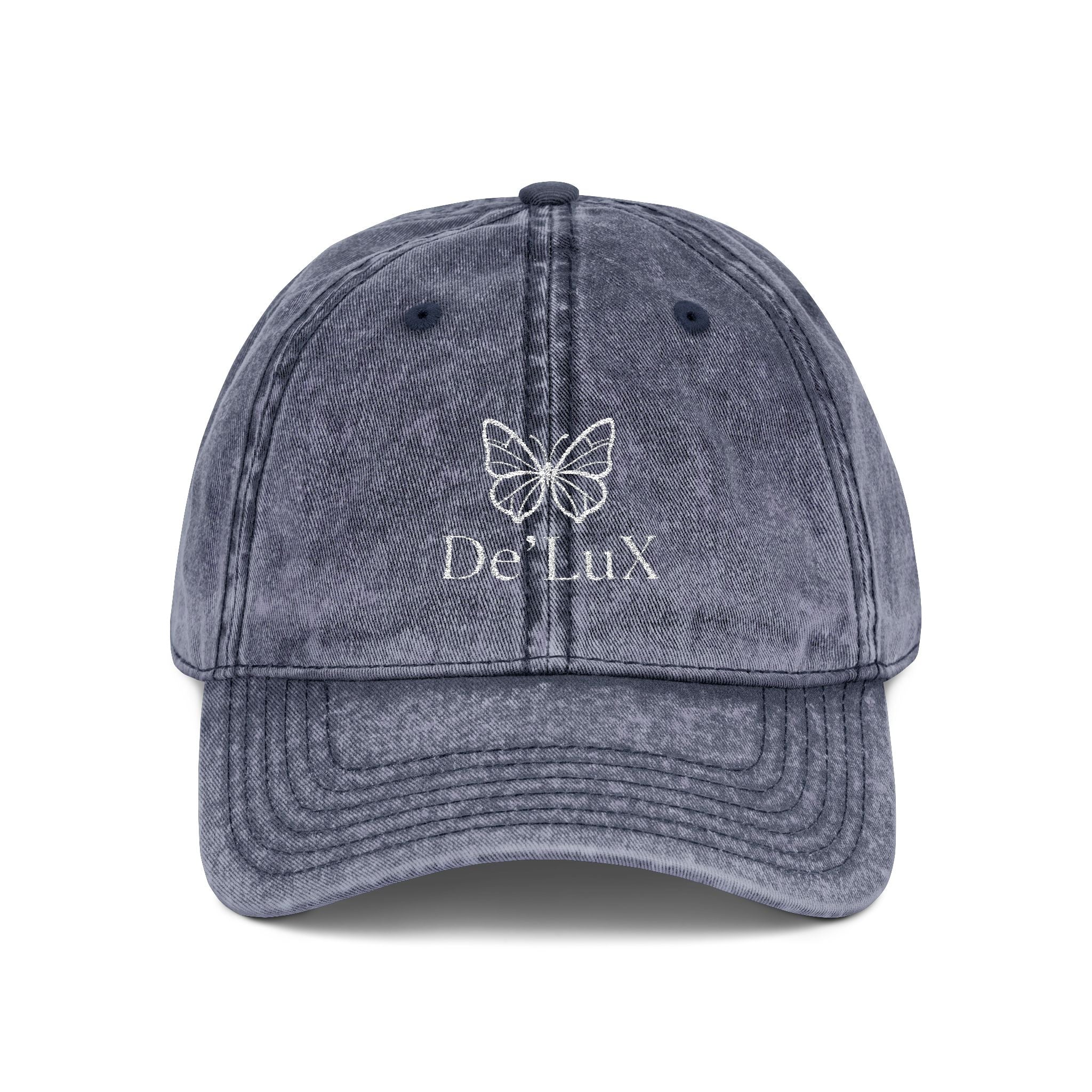 Embroidered Butterfly Vintage Cap — Red Distressed Dad Hat with "DeLuX" Text