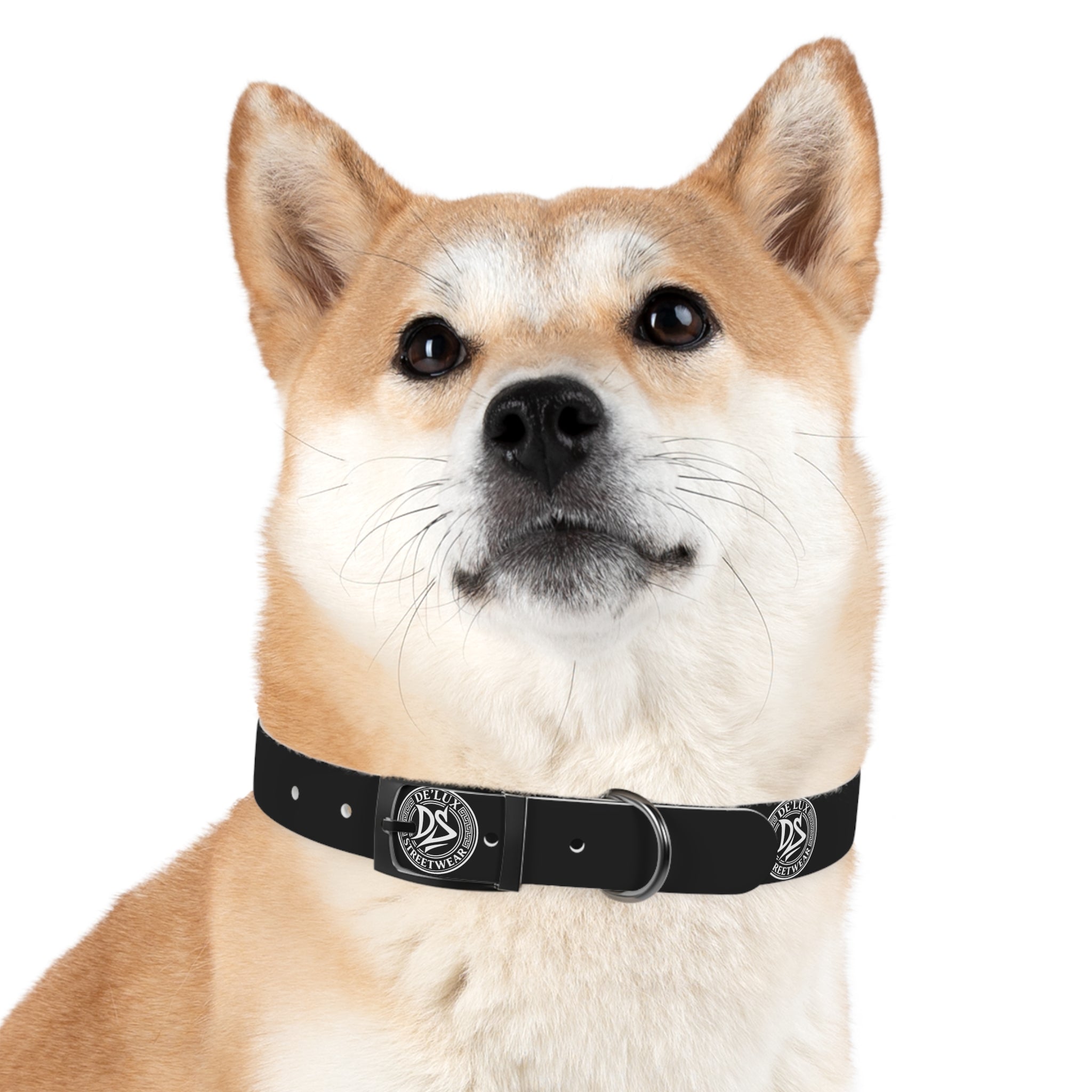 Black Logo Dog Collar — Durable Faux Leather Collar with Round Emblem