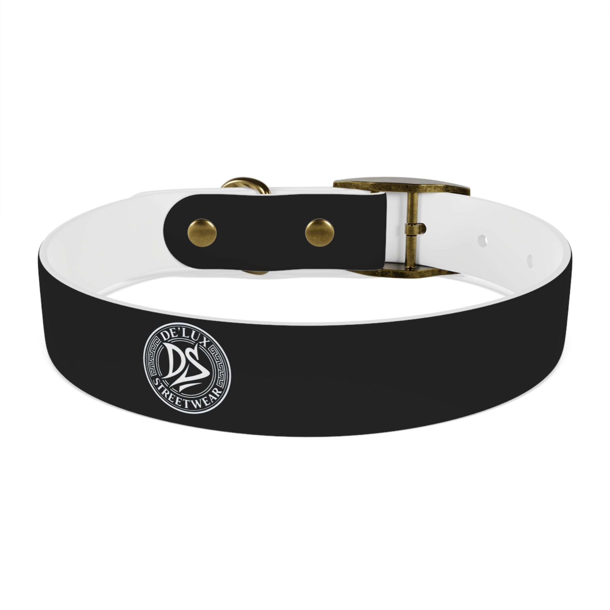 Black Logo Dog Collar — Durable Faux Leather Collar with Round Emblem