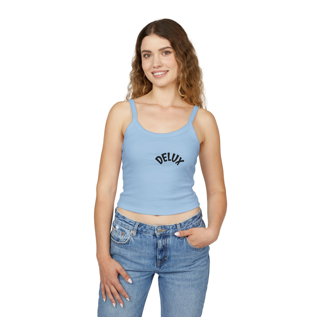 Delux Script Crop Tank Top — Women's White Spaghetti Strap Graphic