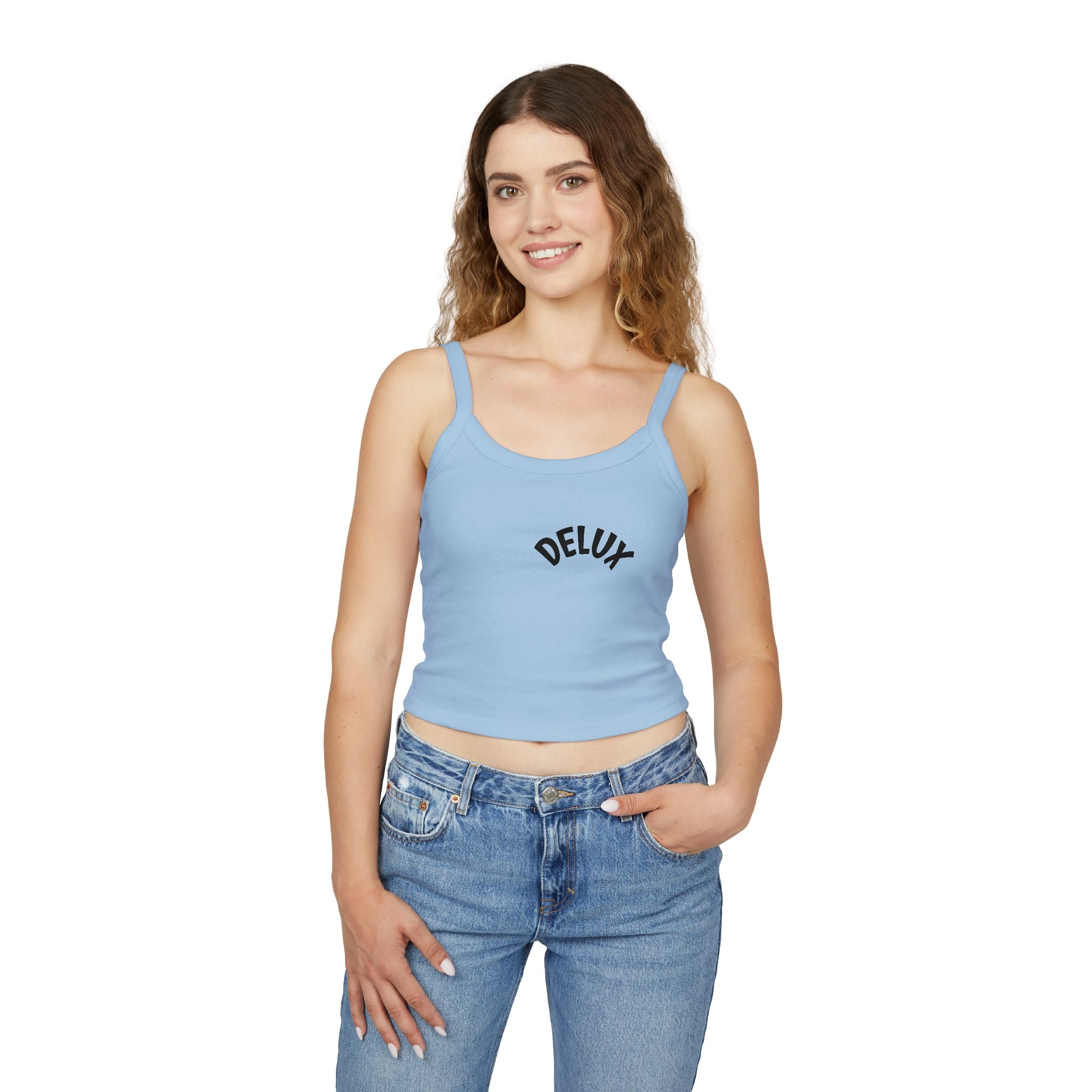Delux Script Crop Tank Top — Women's White Spaghetti Strap Graphic