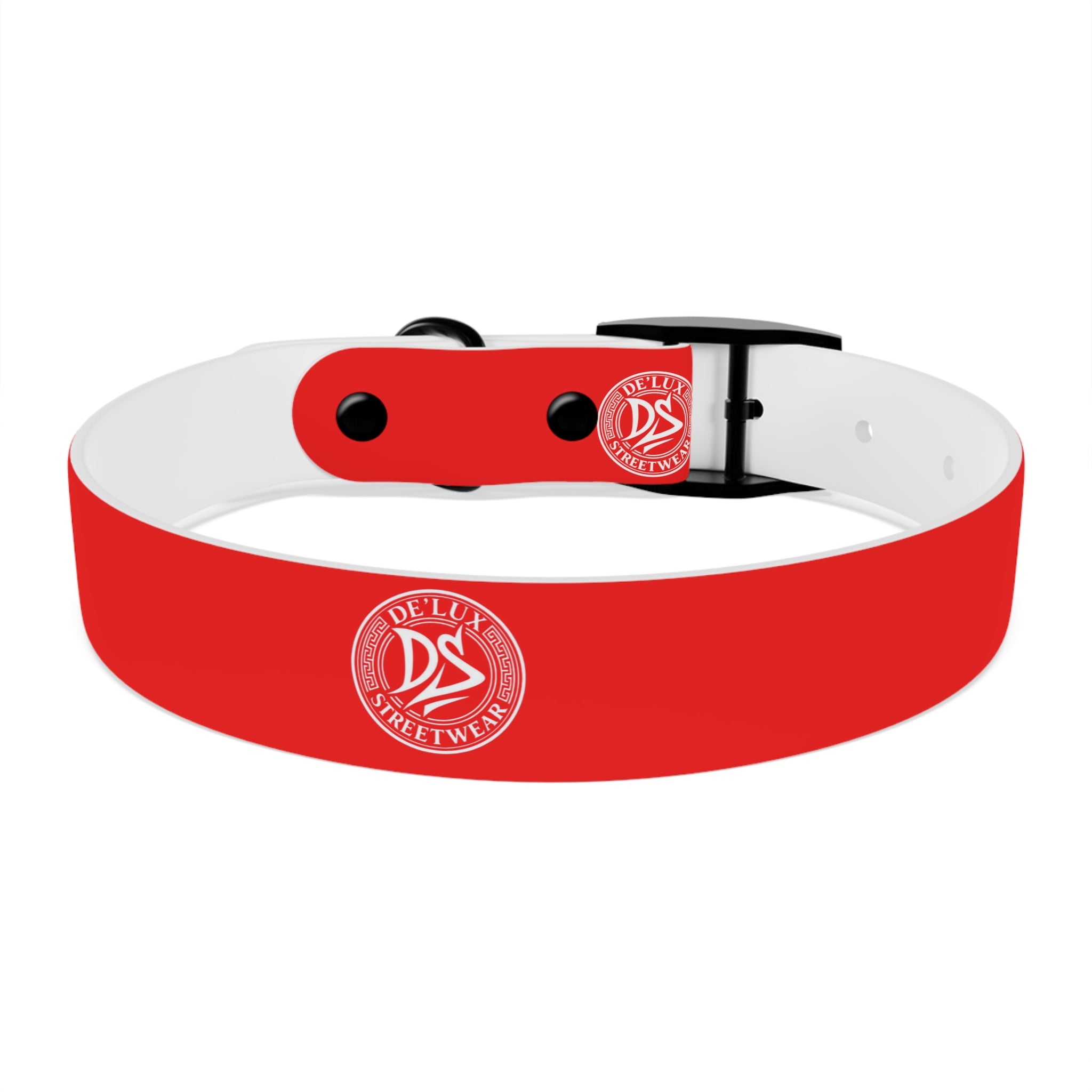 Red Logo Dog Collar — Durable Adjustable Pet Collar with White DS Emblem