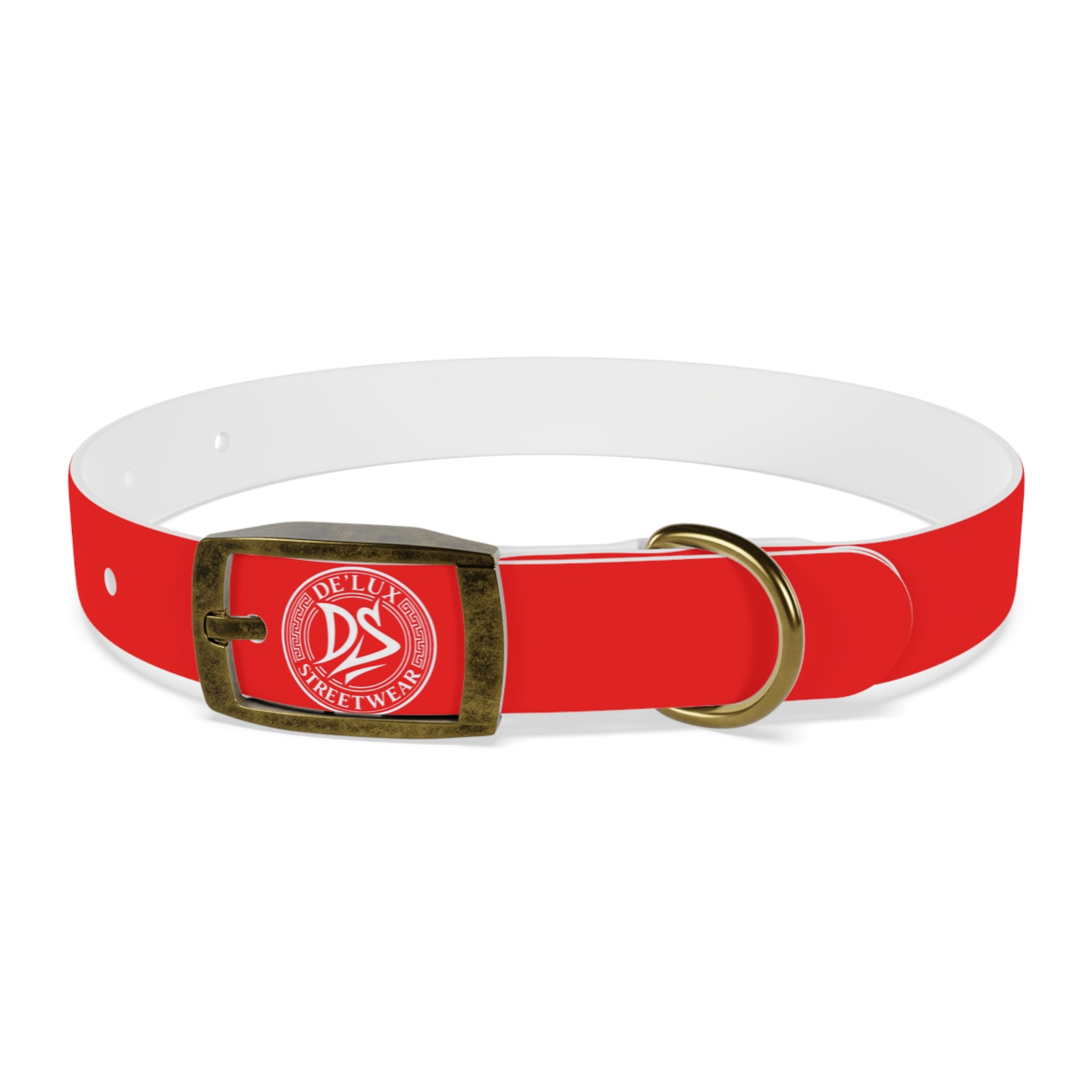Red Logo Dog Collar — Durable Adjustable Pet Collar with White DS Emblem