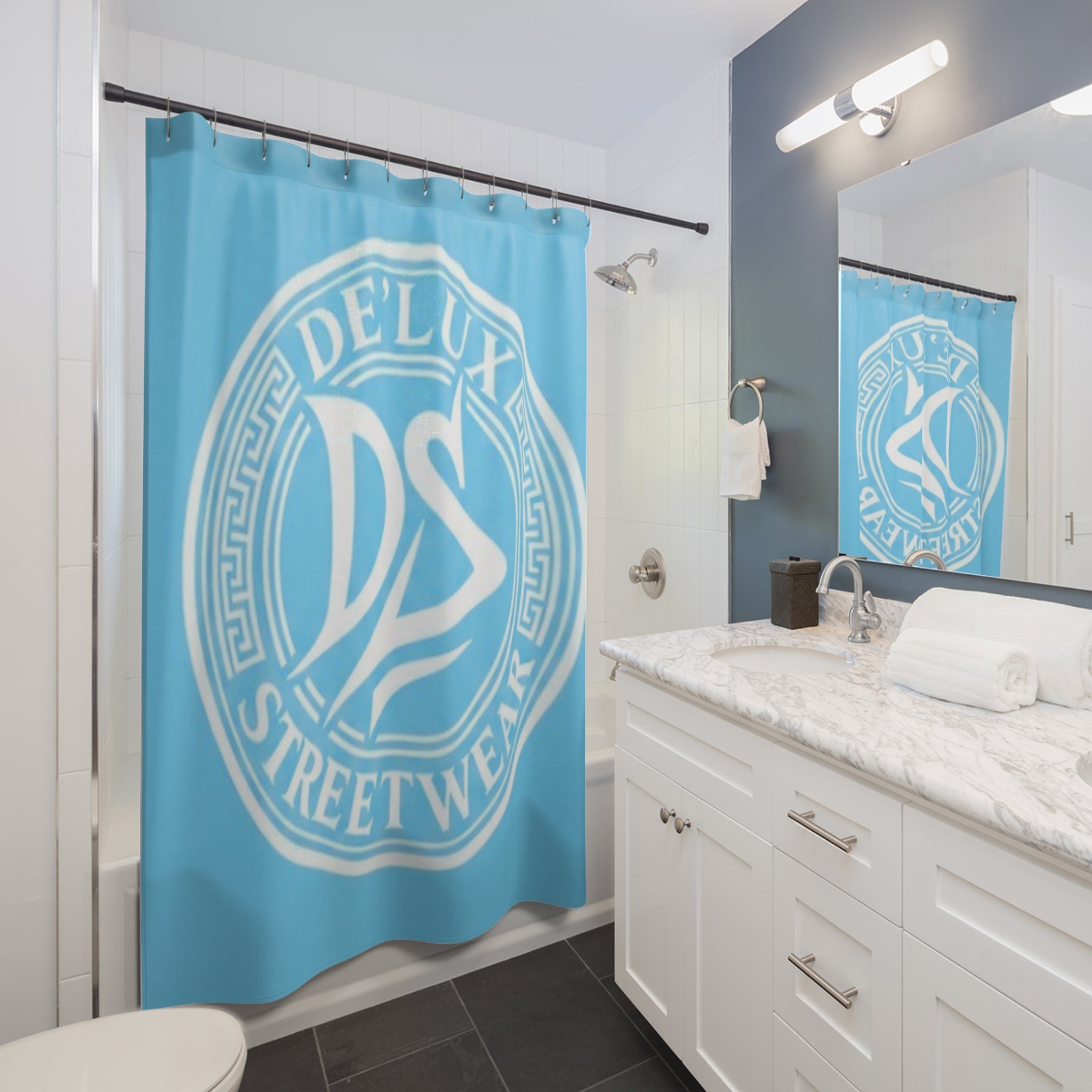 De'Luxe Streetwear Blue Logo Shower Curtain