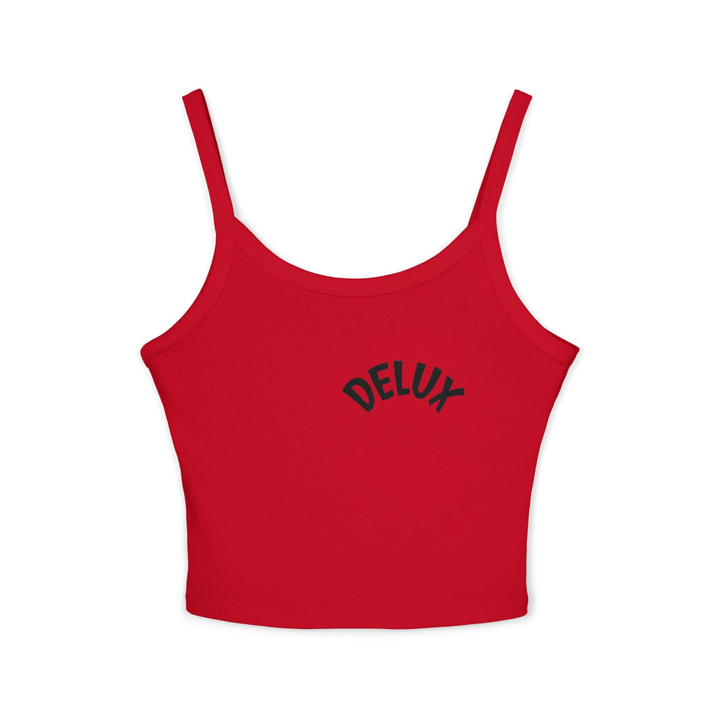Delux Script Crop Tank Top — Women's White Spaghetti Strap Graphic