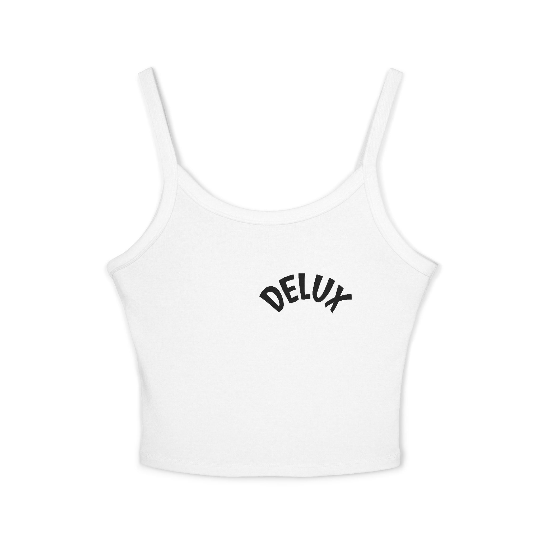 Delux Script Crop Tank Top — Women's White Spaghetti Strap Graphic