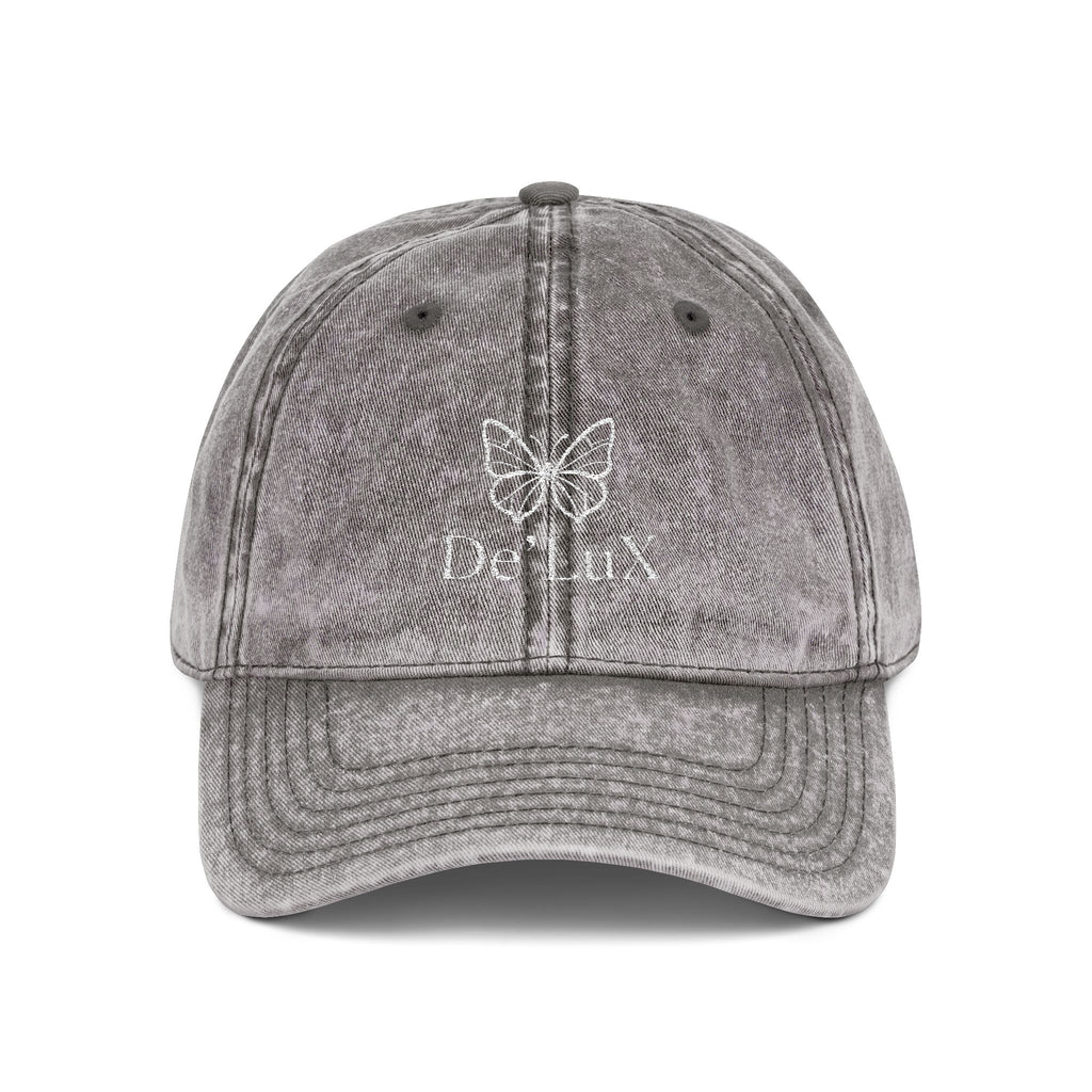 Embroidered Butterfly Vintage Cap — Red Distressed Dad Hat with "DeLuX" Text