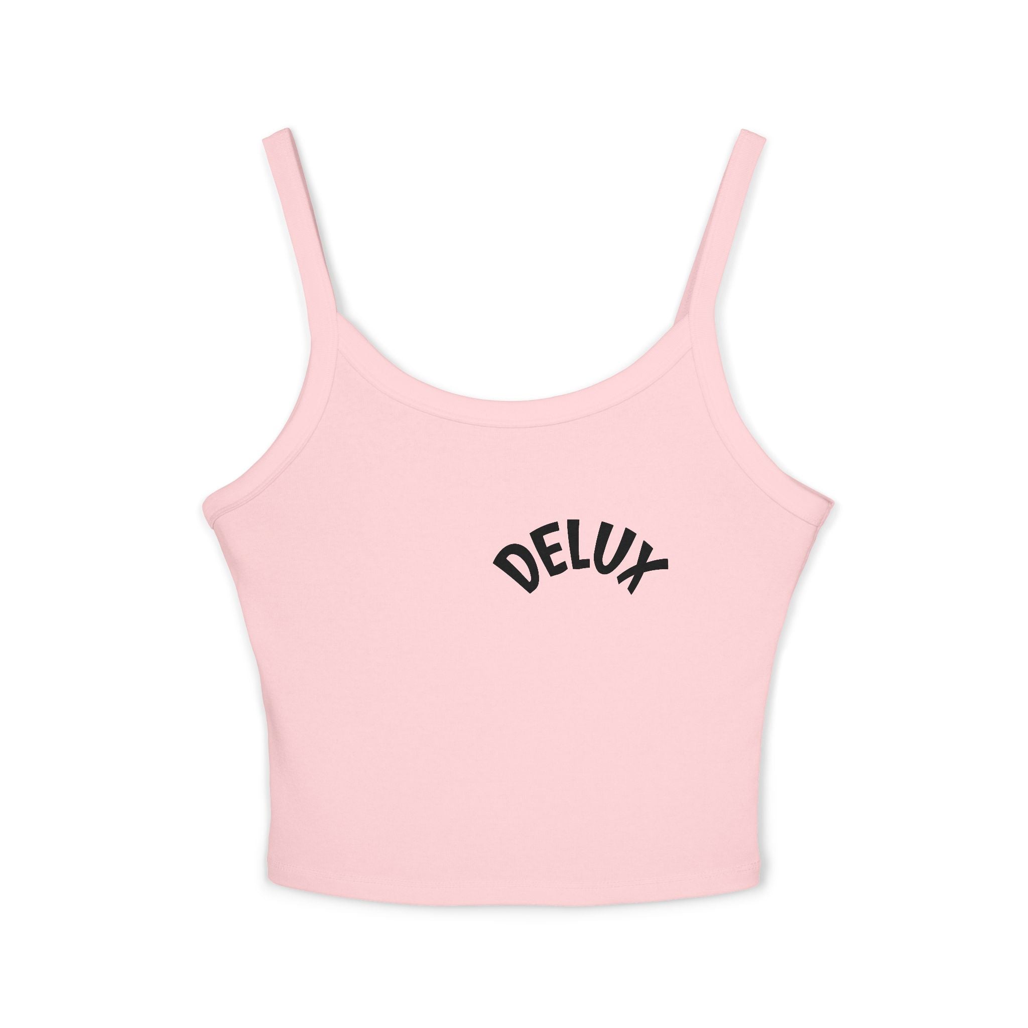 Delux Script Crop Tank Top — Women's White Spaghetti Strap Graphic