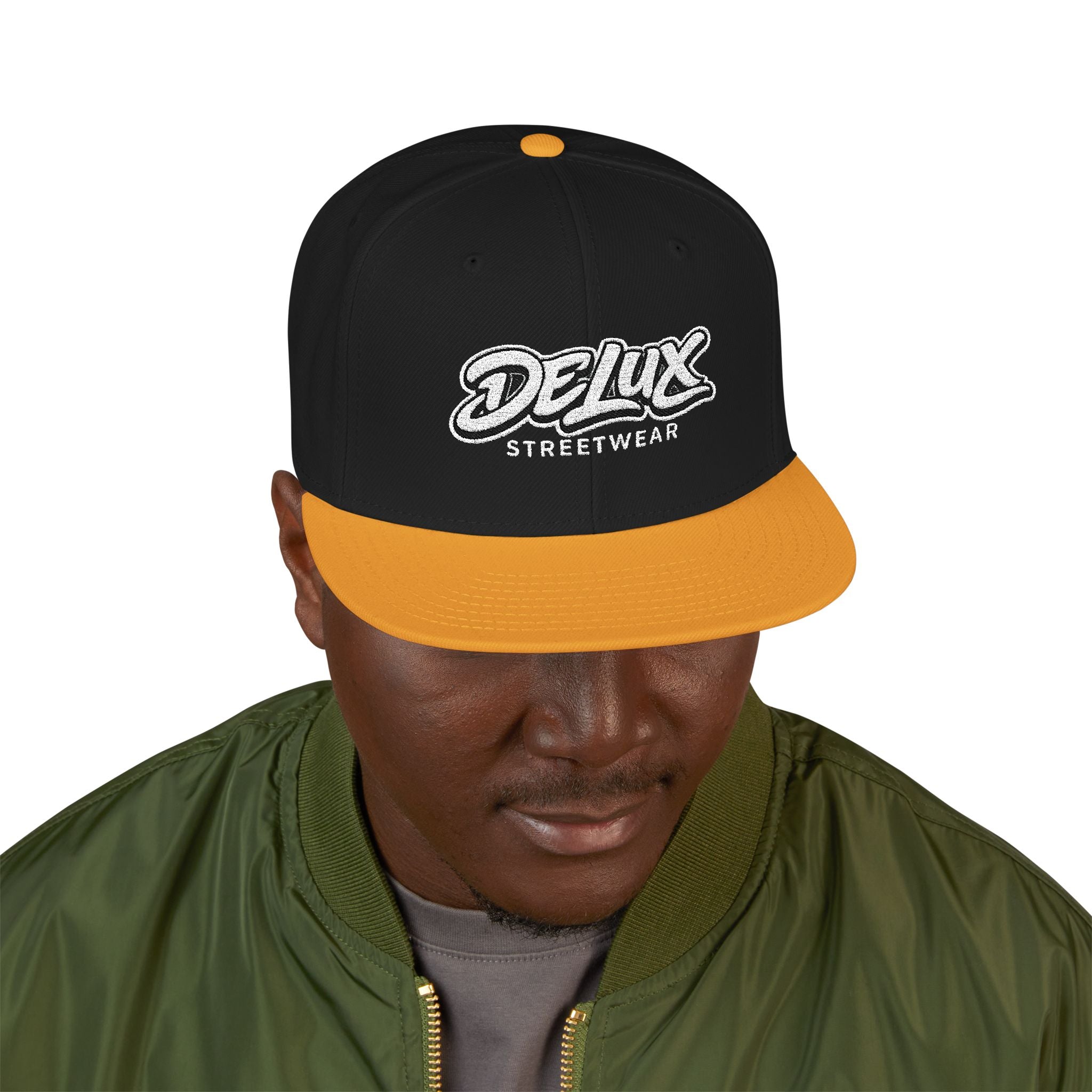 Mens Embroidered 'Delux' Snapback Cap – Streetwear Flat-Brim Hat