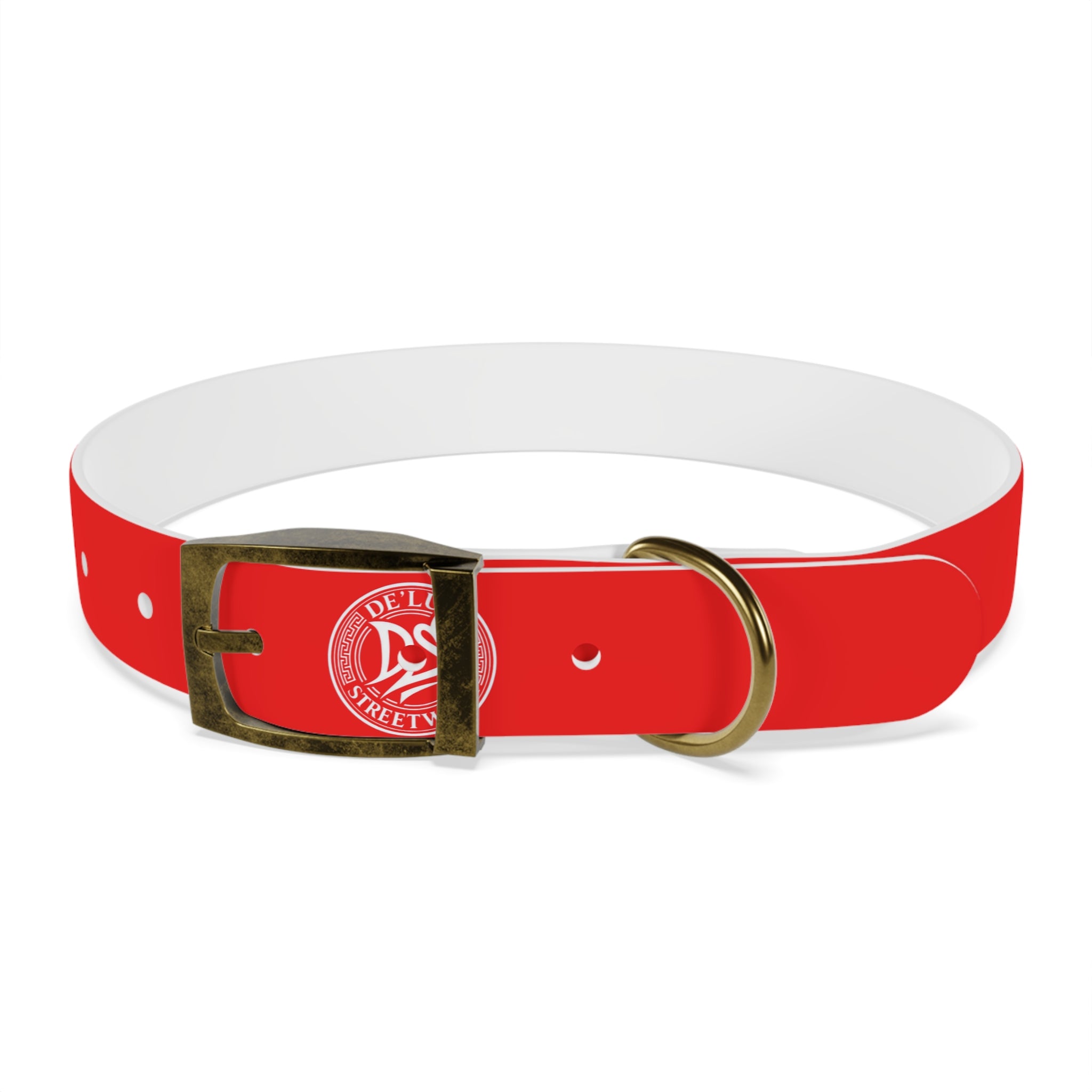 Red Logo Dog Collar — Durable Adjustable Pet Collar with White DS Emblem