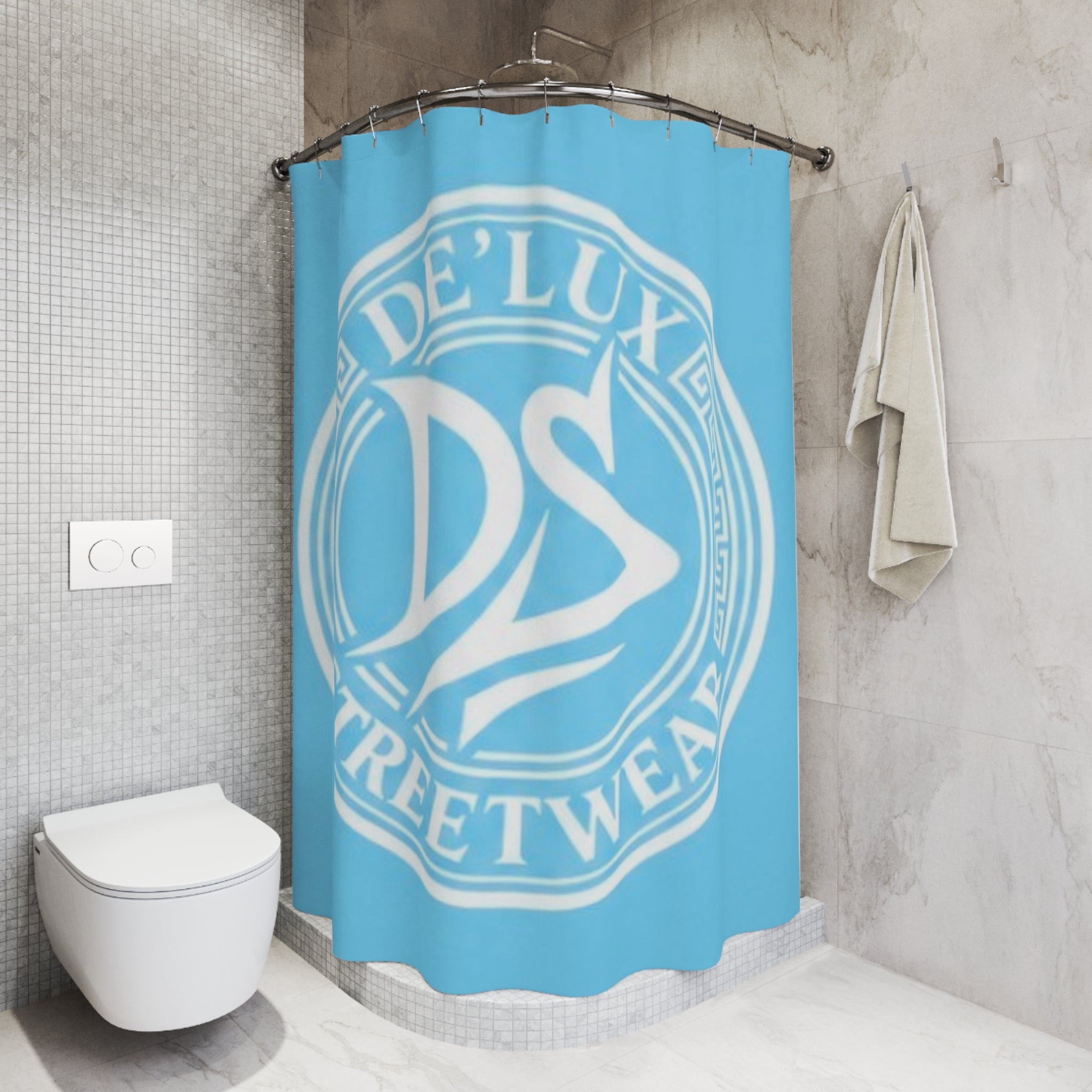De'Luxe Streetwear Blue Logo Shower Curtain