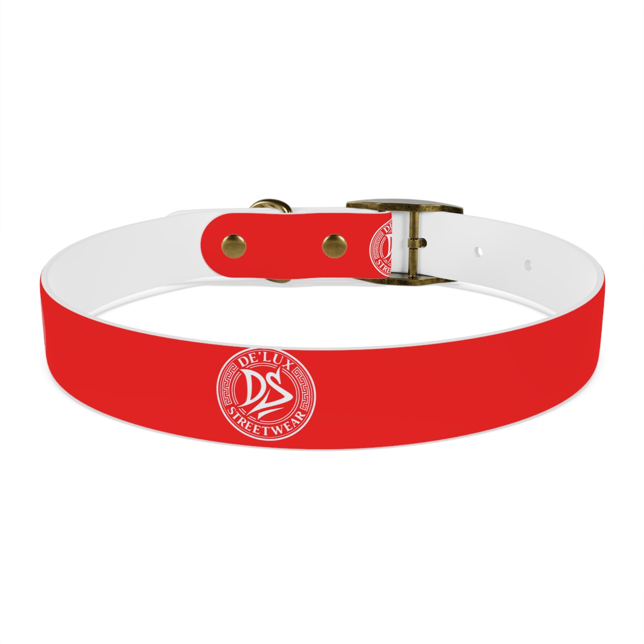 Red Logo Dog Collar — Durable Adjustable Pet Collar with White DS Emblem
