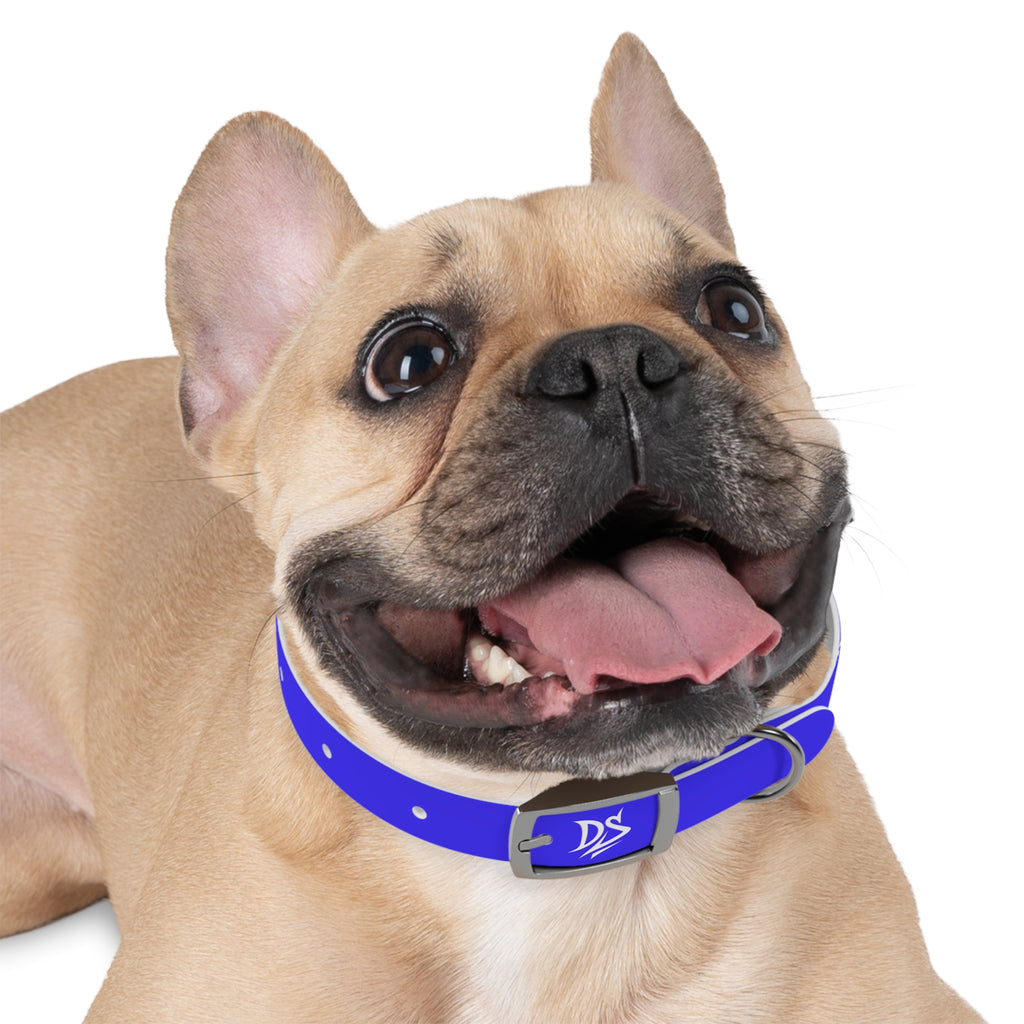 Blue Branded Dog Collar — Adjustable Waterproof Pet Collar with White Logo