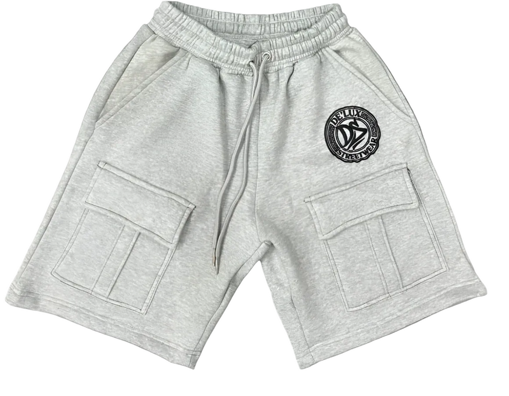 Light grey De’LuX StreetWear cargo shorts with logo patch and large front pockets on black background