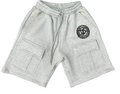 Light grey De’LuX StreetWear cargo shorts with logo patch and large front pockets on black background