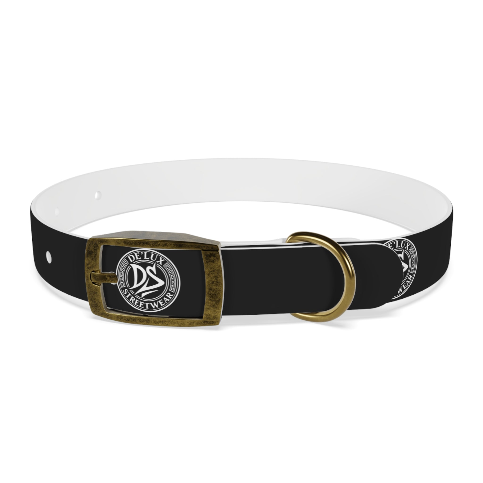 Black Logo Dog Collar — Durable Faux Leather Collar with Round Emblem