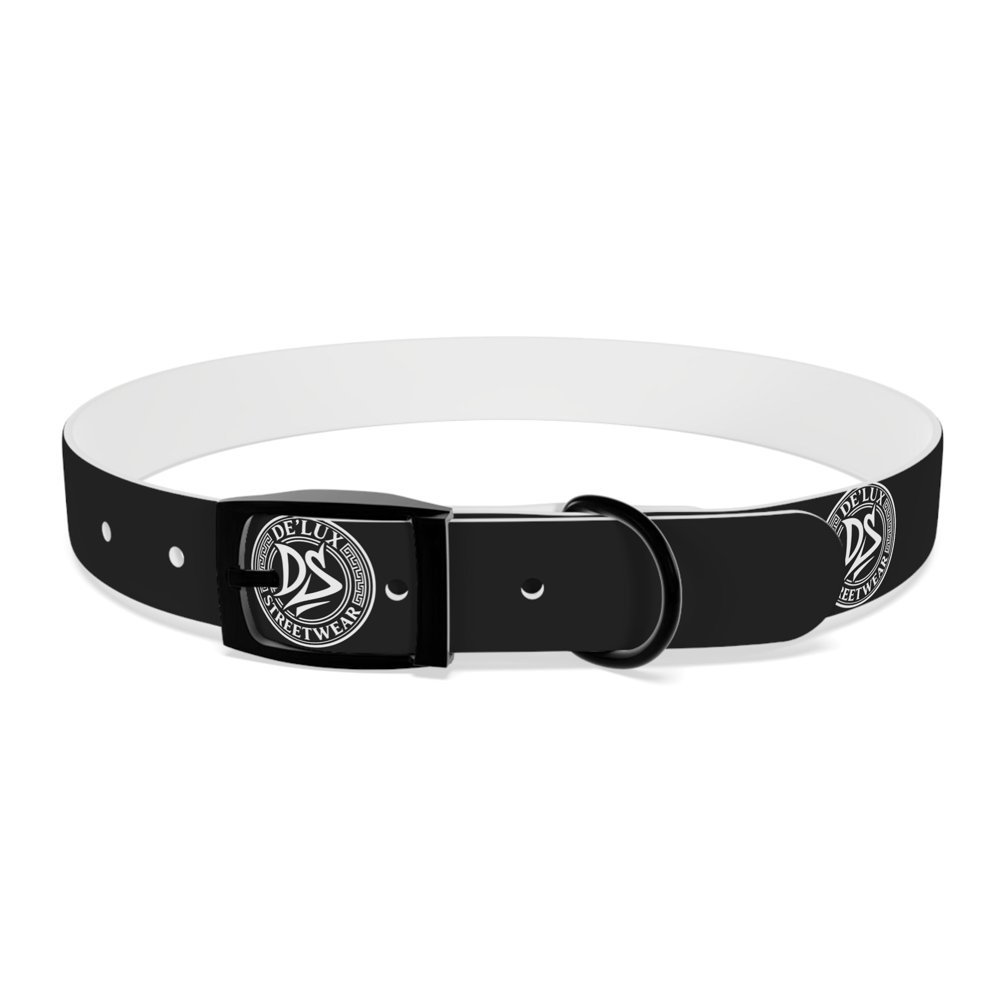 Black Logo Dog Collar — Durable Faux Leather Collar with Round Emblem