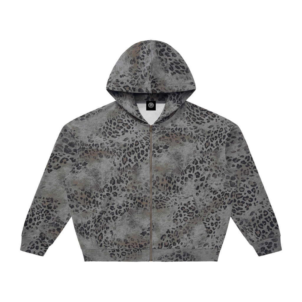 DeLuX  Vintage Wash Leopard Full Zip Hoodie